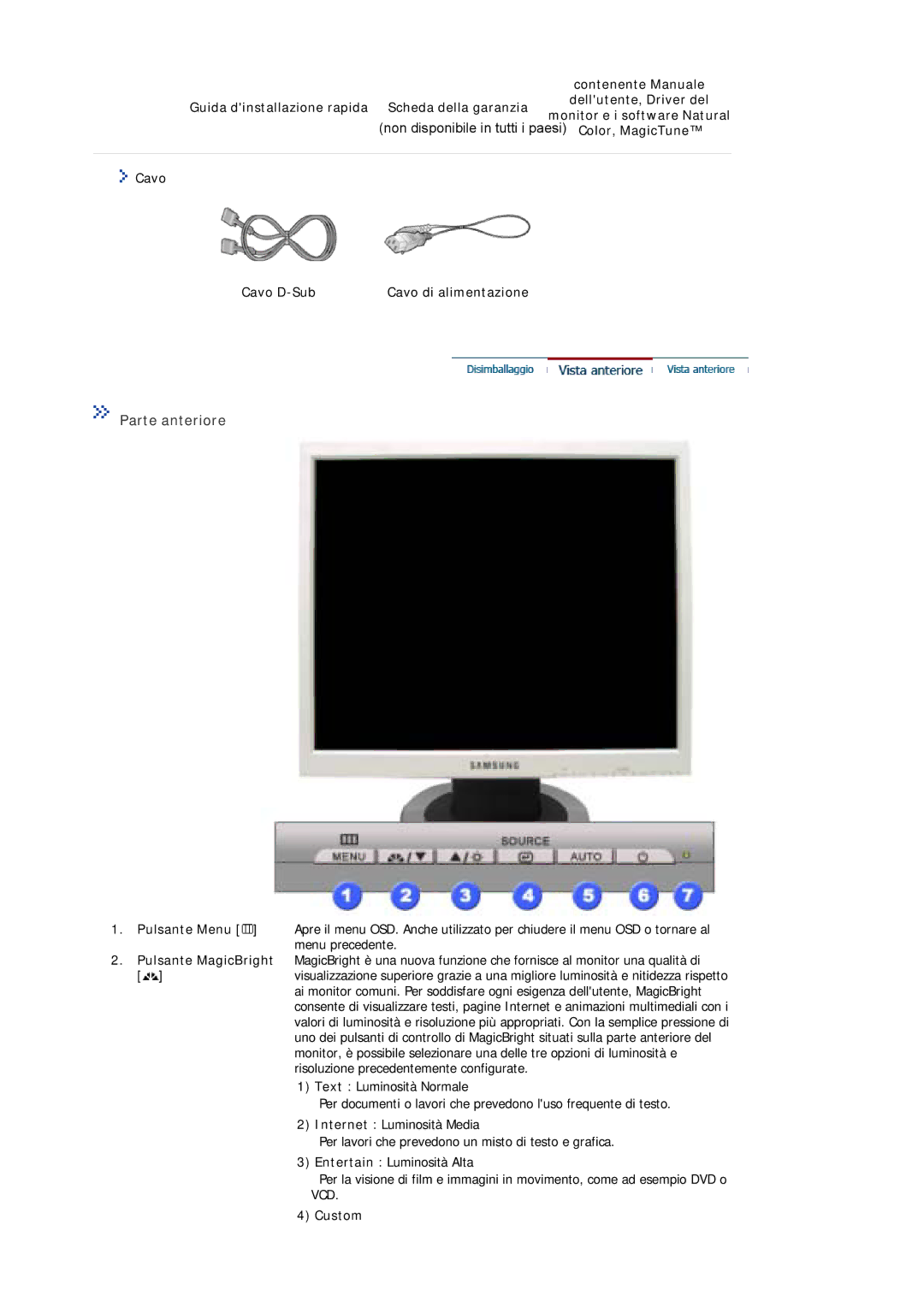 Samsung MJ17ASSS/CLC, MJ17ASKS/EDC, MJ19ASKS/EDC manual Guida dinstallazione rapida Scheda della garanzia, Cavo Cavo D-Sub 