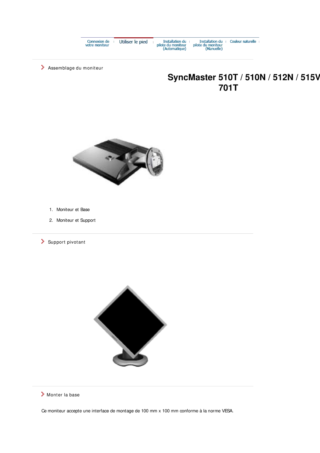 Samsung MJ17ASKS/EDC, MJ17ASTS/EDC, MJ17BSTSQ/EDC, MJ15ASSS/EDC manual Assemblage du moniteur, Support pivotant Monter la base 