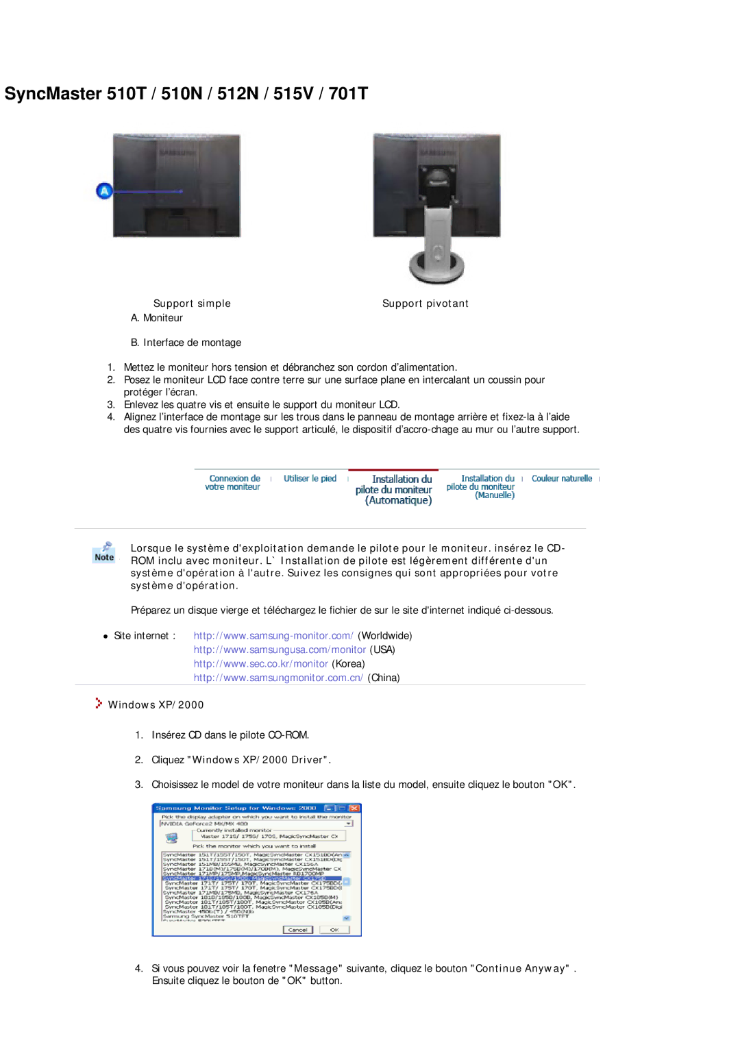 Samsung MJ17BSTSQ/EDC, MJ17ASTS/EDC, MJ17ASKS/EDC, MJ15ASSS/EDC manual Support simple, Cliquez Windows XP/2000 Driver 