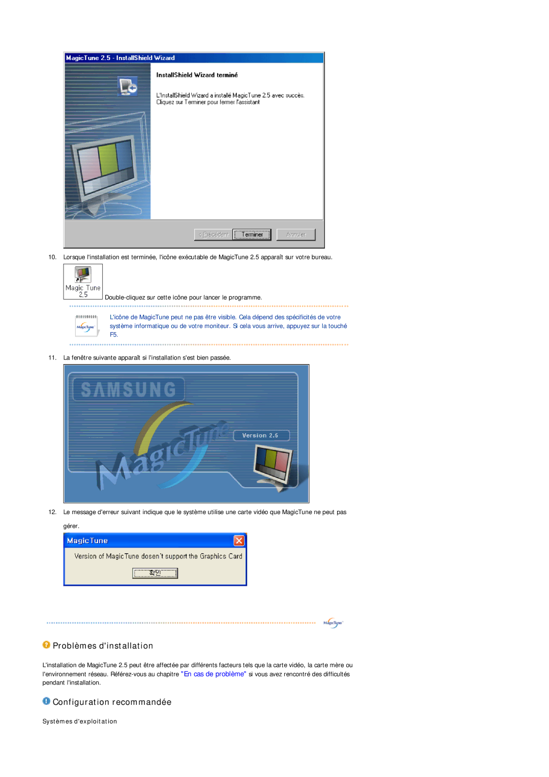 Samsung MJ17ASTS/EDC, MJ17ASKS/EDC, MJ17BSTSQ/EDC, MJ15ASSS/EDC manual Problèmes dinstallation, Configuration recommandée 