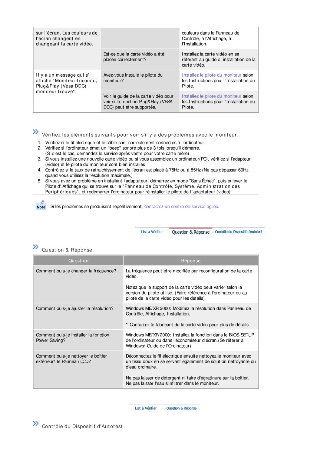 Samsung MJ17BSASQ/EDC, MJ17ASTS/EDC, MJ17ASKS/EDC, MJ17BSTSQ/EDC manual Question & Réponse, Contrôle du Dispositif dAutotest 