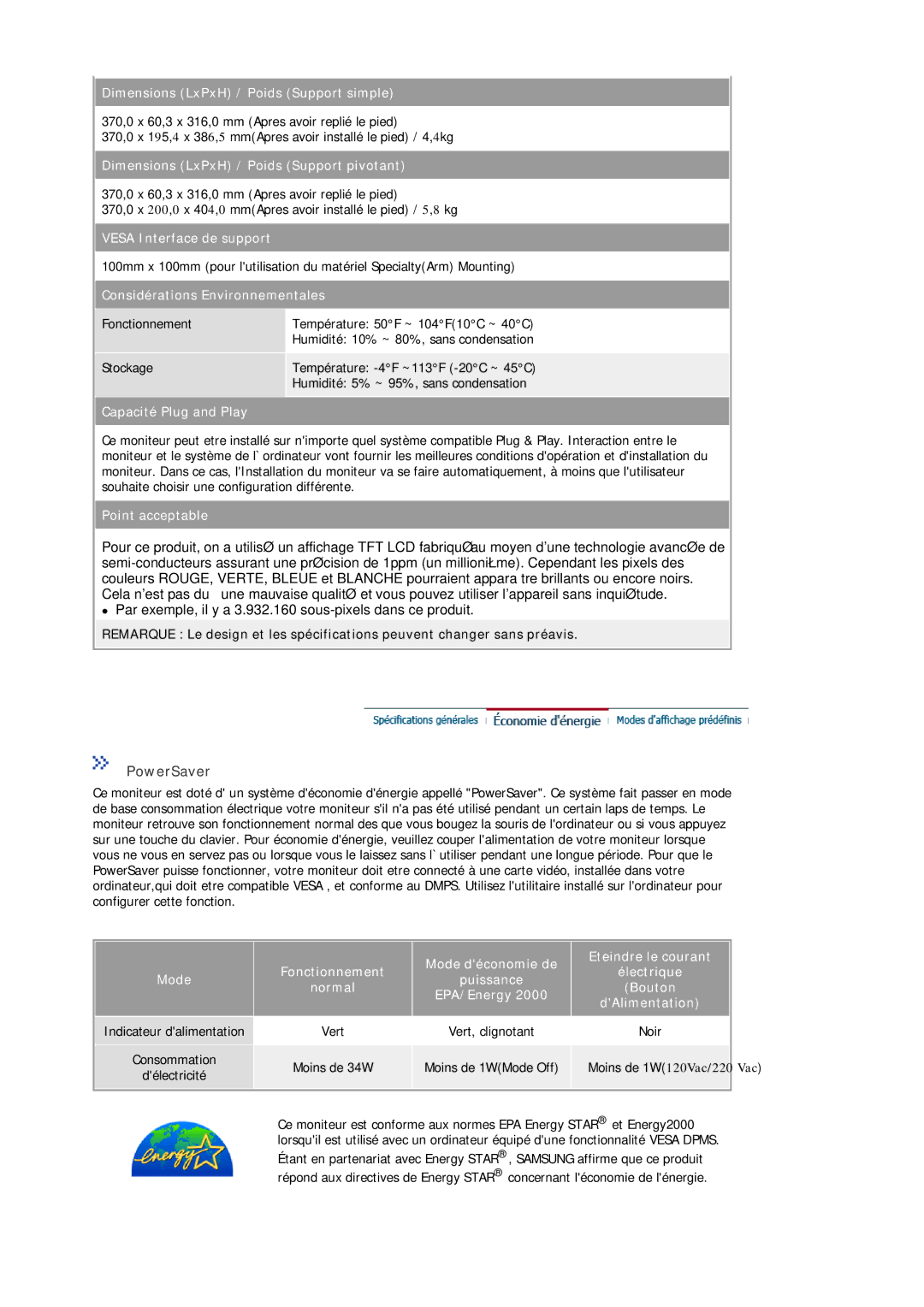 Samsung MJ17BSTSQ/EDC, MJ17ASTS/EDC, MJ17ASKS/EDC, MJ15ASSS/EDC manual Fonctionnement Mode déconomie de, EPA/Energy 