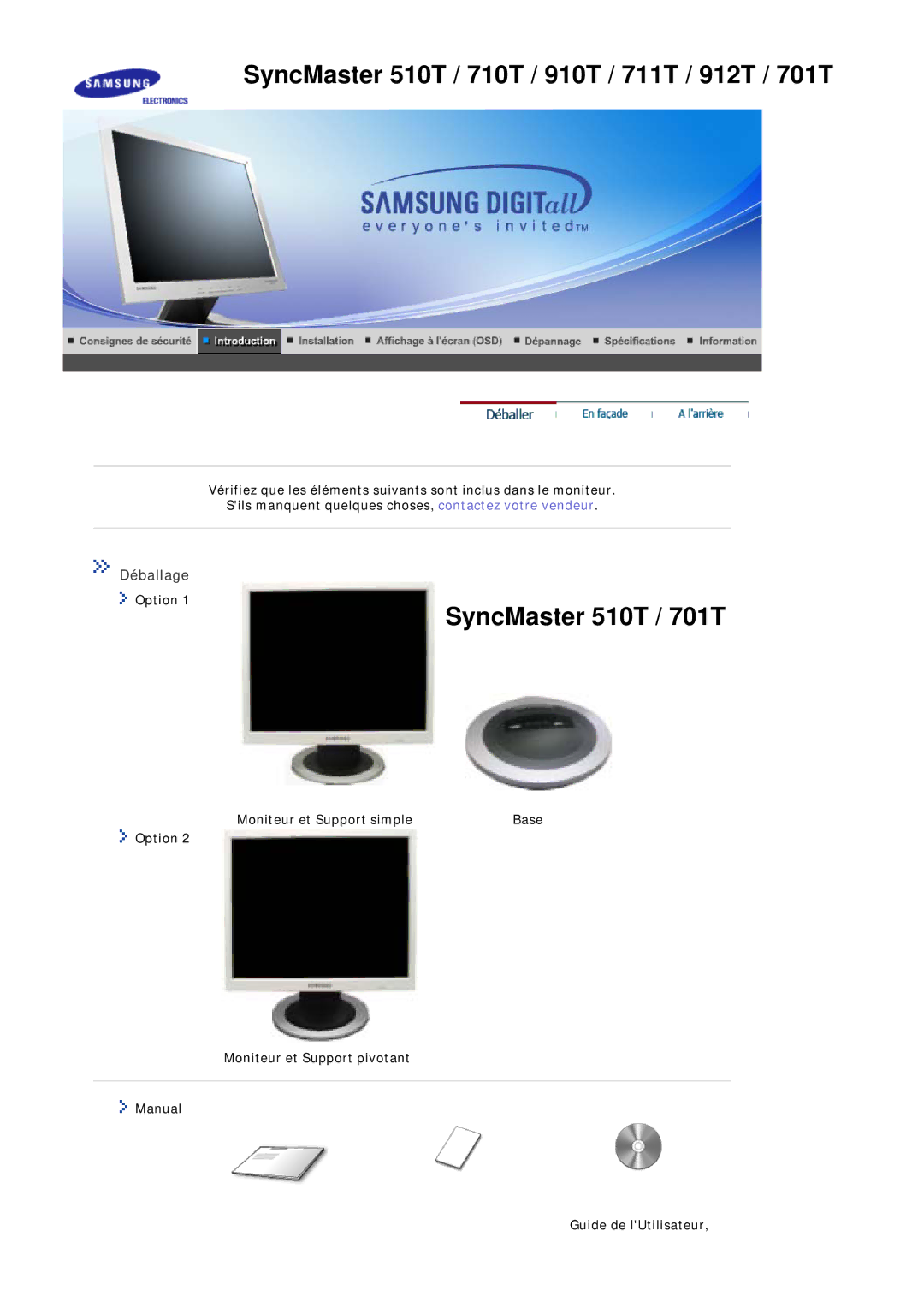 Samsung MJ17ASTS/EDC, MJ17ASKS/EDC, MJ17BSTSQ/EDC, MJ15ASSS/EDC, MJ15ASKS/EDC, MJ17BSASQ/EDC, MJ17ASAS/EDC Déballage, Option 