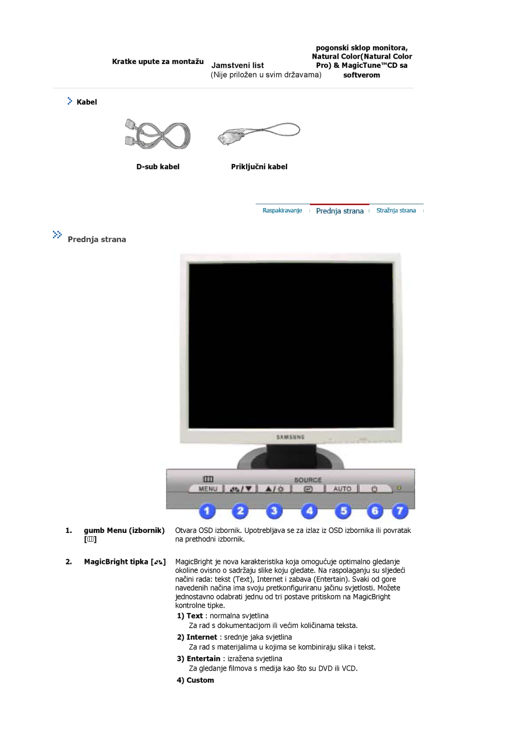 Samsung MJ17ASSS/EDC, MJ17ASTS/EDC, MJ17ASKS/EDC, MJ17BSTSQ/EDC, MJ15ASSS/EDC manual Kratke upute za montažu, Kabel Sub kabel 