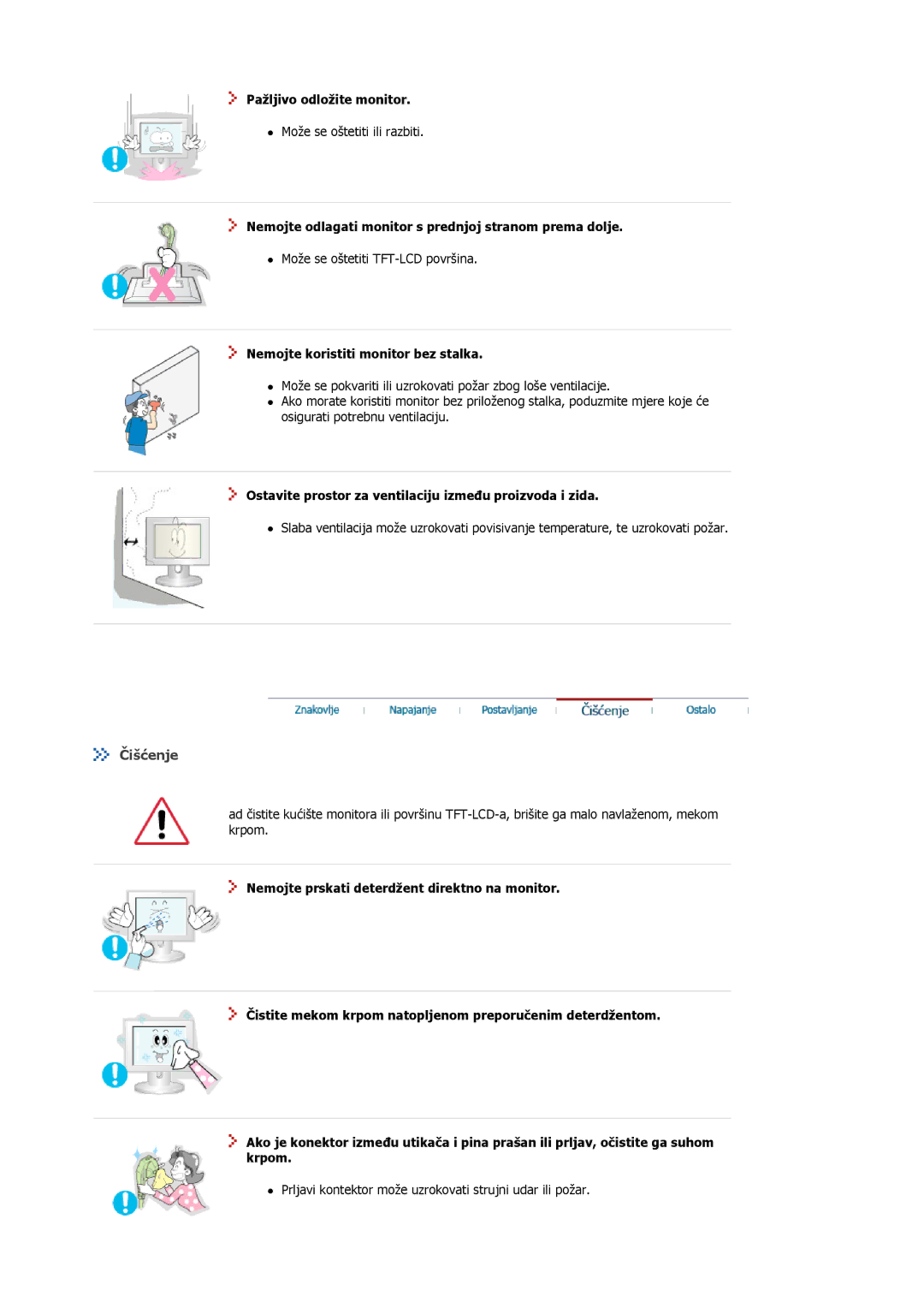 Samsung MJ15ASKS/EDC manual Čišćenje, Pažljivo odložite monitor, Nemojte odlagati monitor s prednjoj stranom prema dolje 