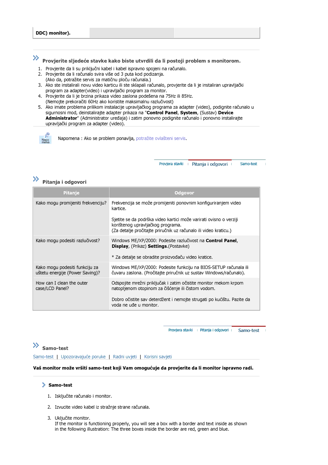 Samsung MJ17ASSS/EDC, MJ17ASTS/EDC, MJ17ASKS/EDC, MJ17BSTSQ/EDC, MJ15ASSS/EDC manual Pitanja i odgovori, Samo-test, DDC monitor 