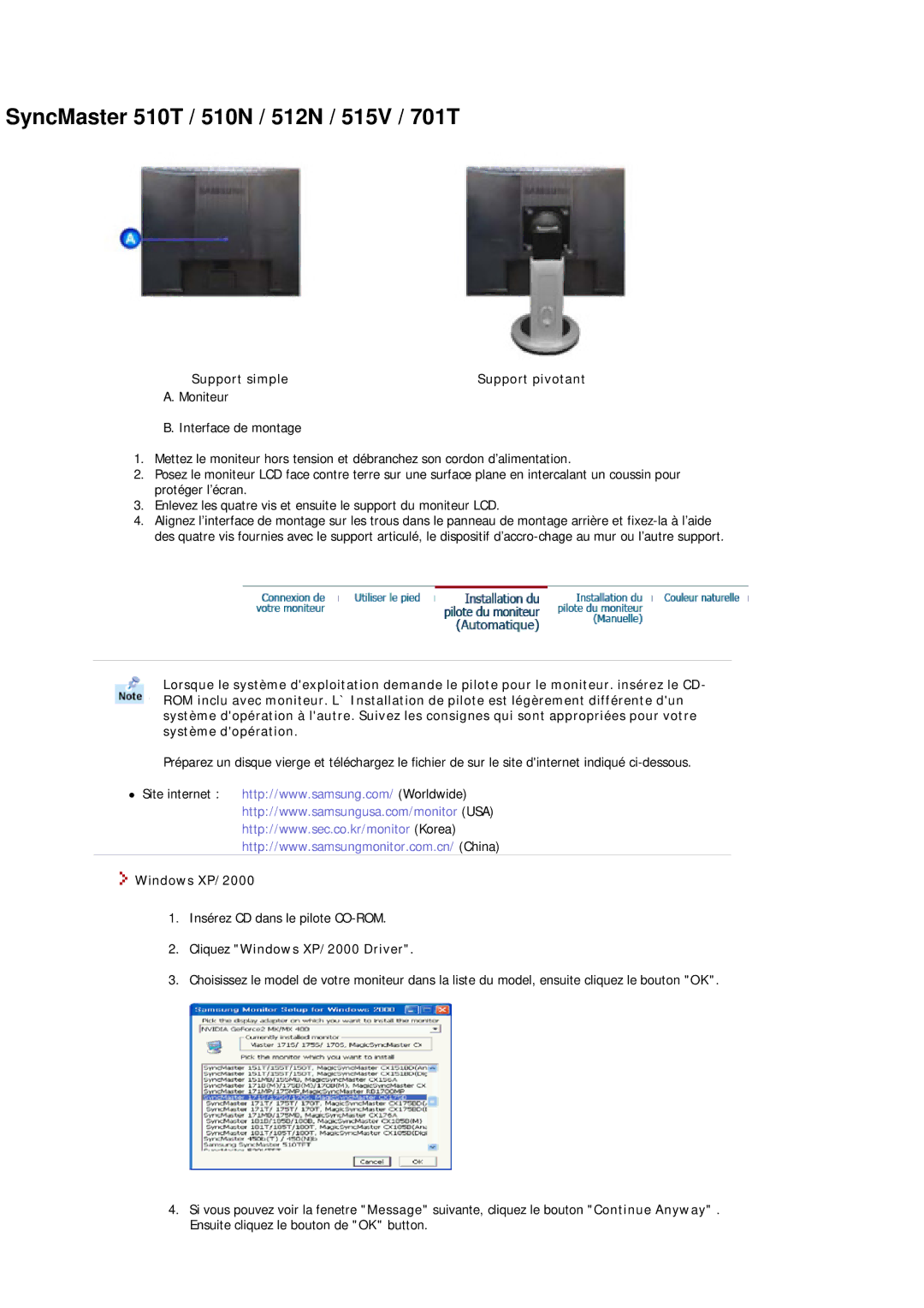 Samsung MJ17ASTS/EDC, MJ17ASKS/EDC, MJ19ASKS/EDC, MJ19BSTSQ/EDC manual Support simple, Cliquez Windows XP/2000 Driver 