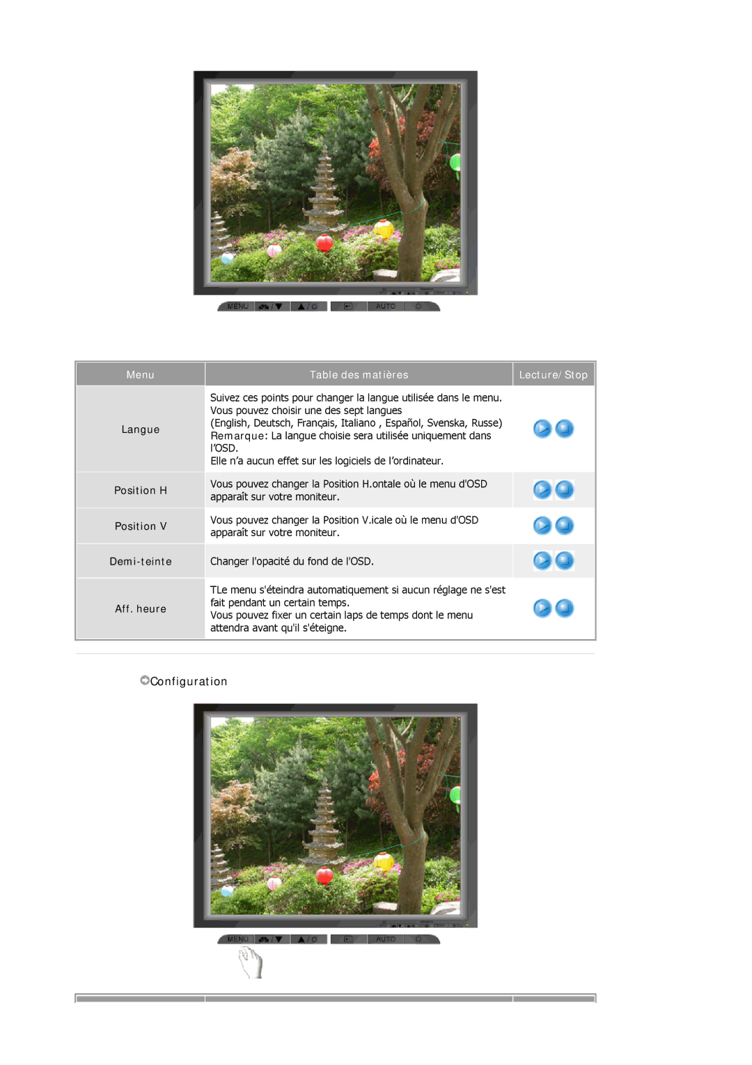 Samsung MJ19BSASQ/EDC, MJ17ASTS/EDC, MJ17ASKS/EDC, MJ19ASKS/EDC manual Configuration, Langue Position H Demi-teinte Aff. heure 