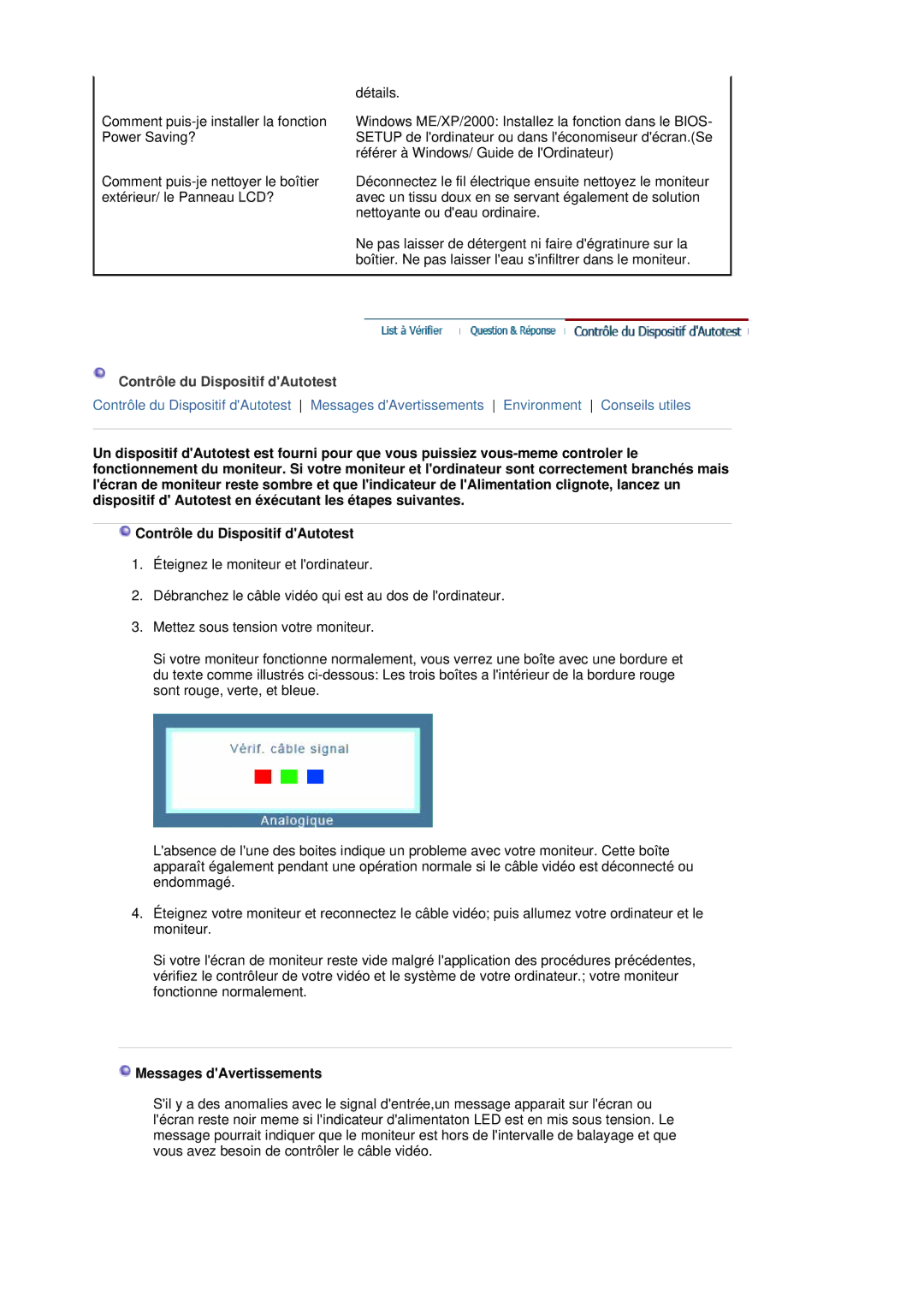 Samsung MJ17ASTS/EDC, MJ17ASKS/EDC, MJ19ASKS/EDC, MJ19BSTSQ/EDC Contrôle du Dispositif dAutotest, Messages dAvertissements 