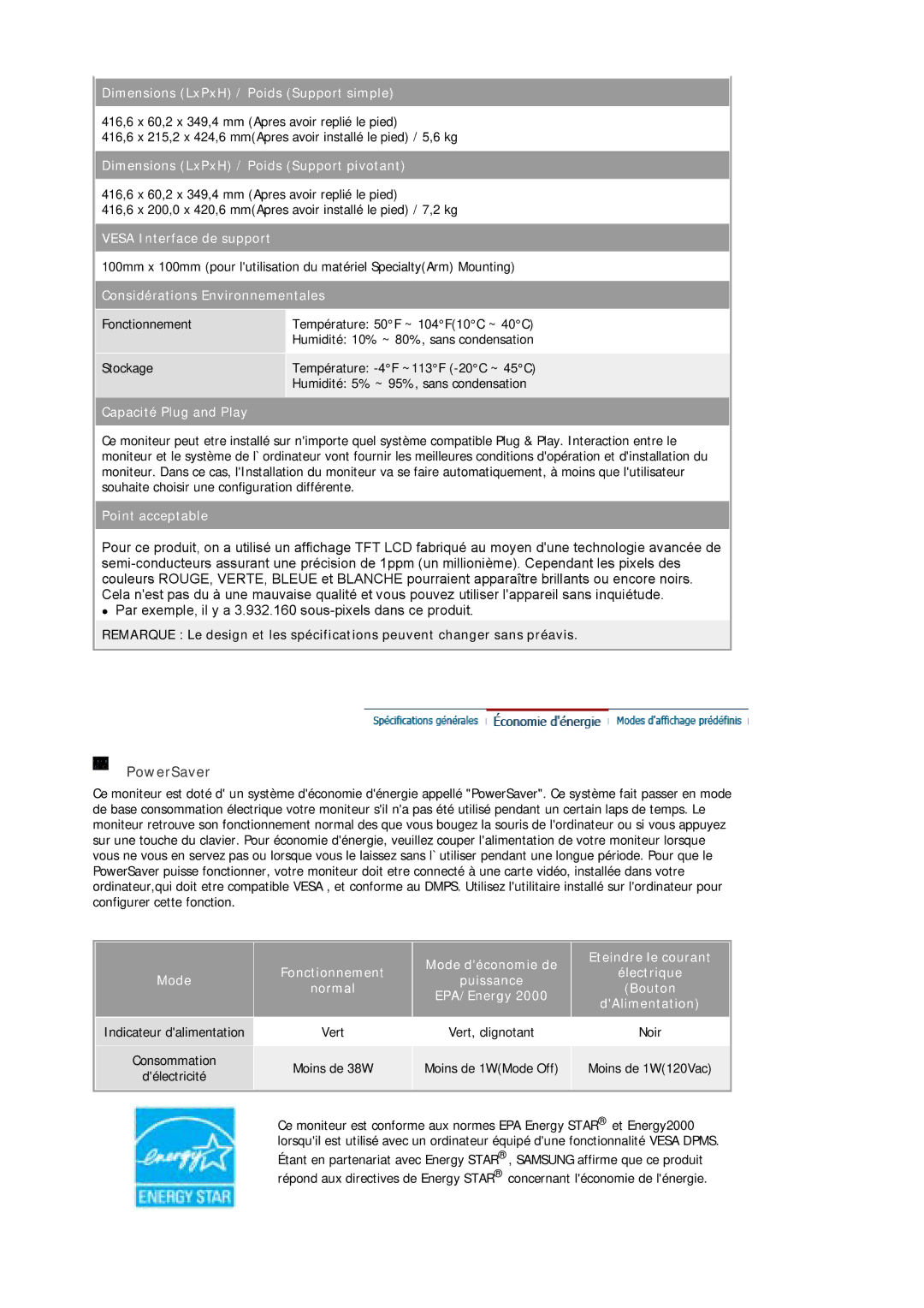 Samsung MJ17ASSS/EDC, MJ17ASTS/EDC, MJ17ASKS/EDC, MJ19ASKS/EDC manual Fonctionnement Mode déconomie de Eteindre le courant 