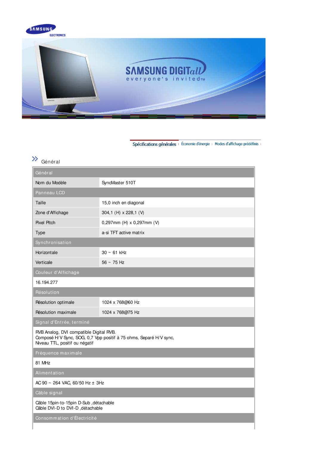 Samsung MJ17ASKS/EDC, MJ17ASTS/EDC, MJ19ASKS/EDC, MJ19BSTSQ/EDC, MJ17BSTSQ/EDC, MJ15BSSS/EDC Nom du Modèle SyncMaster 510T 