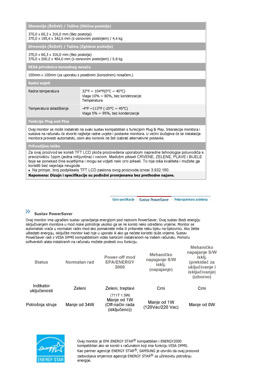 Samsung MJ17ASTS/EDC, MJ17ASKS/EDC, MJ19BSTSQ/EDC, MJ17BSTSQ/EDC Sustav PowerSaver, Dimenzije ŠxDxV / Težina Obično postolje 