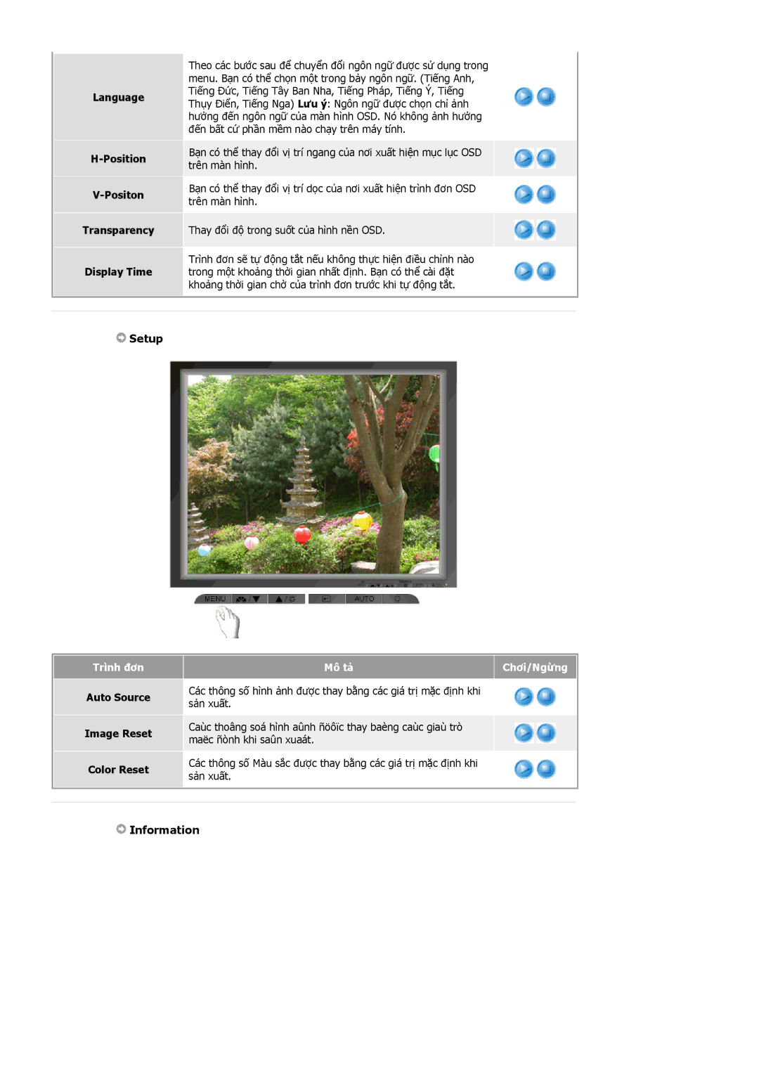 Samsung MJ17ASTS/VNT, LS15MJCKS/VNT, MJ15ASKS/VNT Setup, Information, Language Position Positon Transparency Display Time 