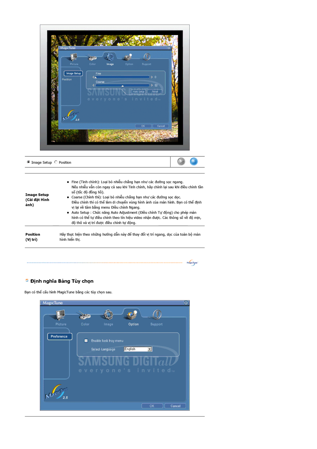 Samsung MJ17ASTS/VNT, LS15MJCKS/VNT, MJ15ASKS/VNT, LS15MJCKS/XSV manual Định nghĩa Bảng Tùy chọn, Image Setup Cài đặt Hình ảnh 