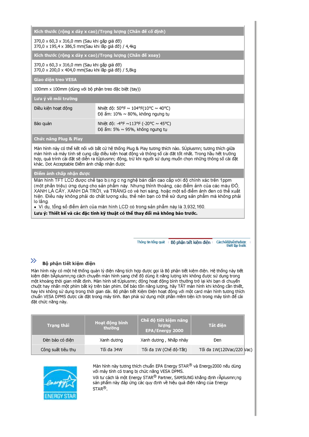 Samsung LS15MJCKS/XSV, MJ17ASTS/VNT, LS15MJCKS/VNT, MJ15ASKS/VNT manual Bộ phận tiết kiệm điện 