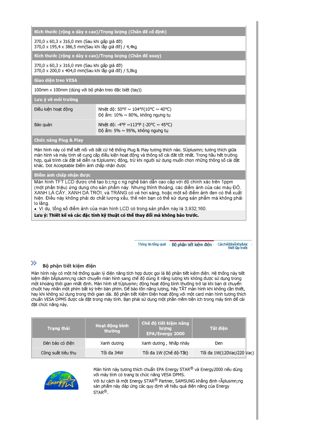 Samsung LS15MJCKS/VNT, MJ17ASTS/VNT, MJ15ASKS/VNT, LS15MJCKS/XSV manual Bộ phận tiết kiệm điện 