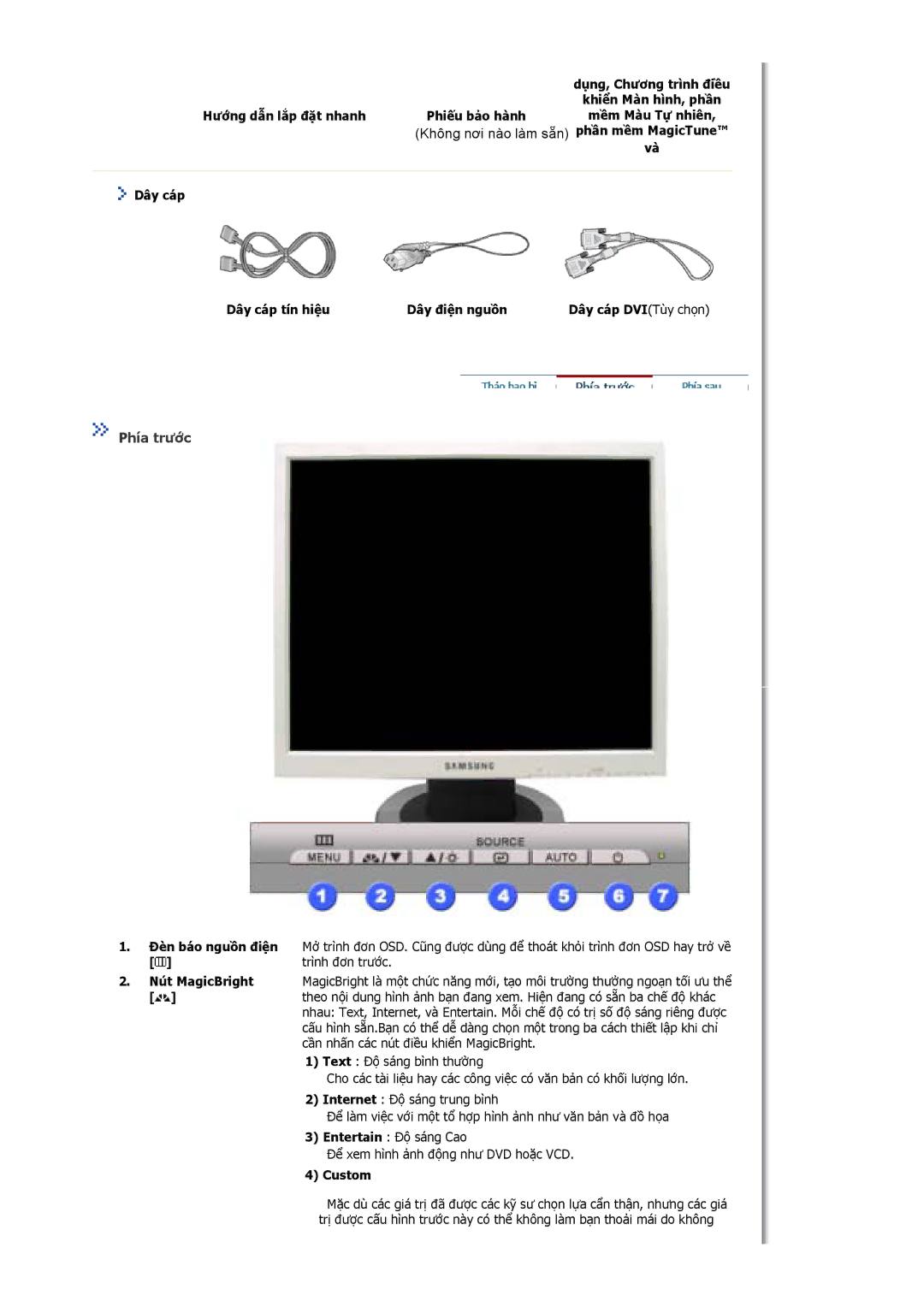 Samsung LS15MJCKS/VNT, MJ17ASTS/VNT manual Phía trước, Đèn báo nguồn điện Nút MagicBright, Entertain Độ sáng Cao, Custom 