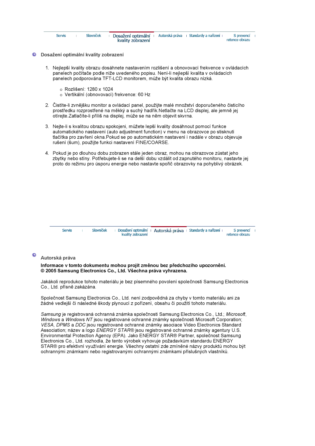 Samsung MJ17CSTS/EDC, MJ17CSKS/EDC manual Dosažení optimální kvality zobrazení, Autorská práva 