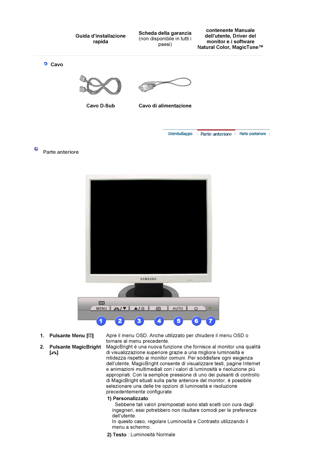 Samsung MJ17CSKS/EDC manual Rapida Monitor e i software, Natural Color, MagicTune, Cavo Cavo D-Sub Cavo di alimentazione 