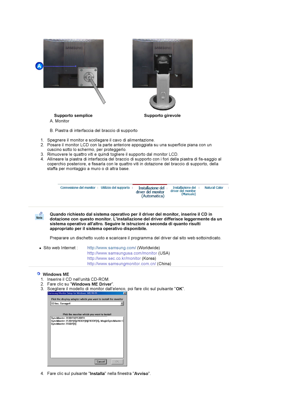Samsung MJ17CSKS/EDC manual Supporto semplice Supporto girevole, Fare clic su Windows ME Driver 