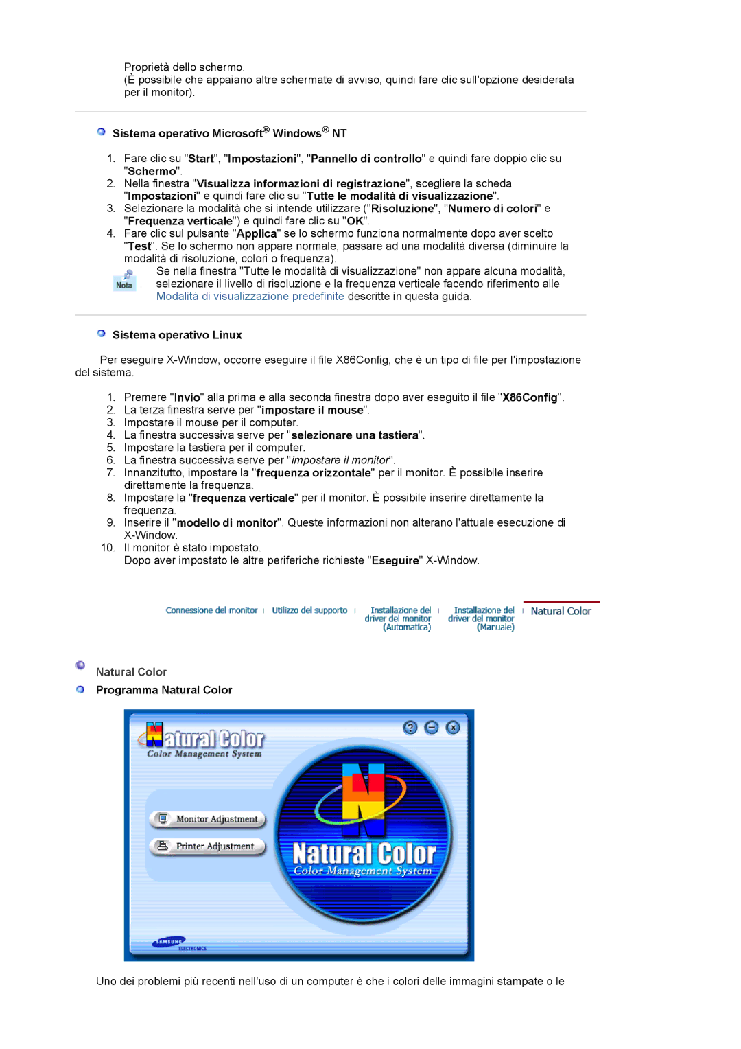 Samsung MJ17CSKS/EDC manual Sistema operativo Microsoft Windows NT, Sistema operativo Linux, Natural Color 