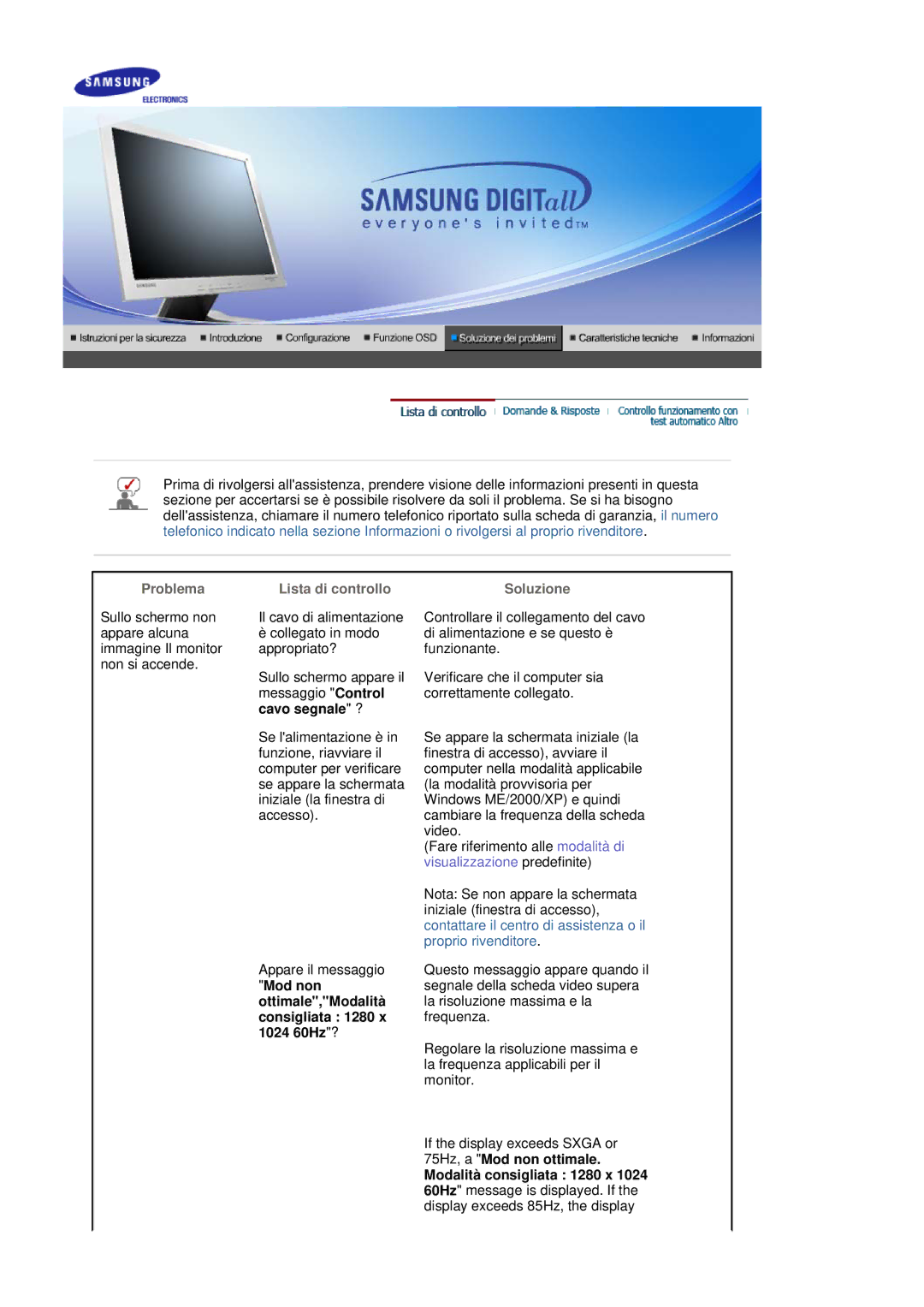 Samsung MJ17CSKS/EDC manual Problema Lista di controllo, Cavo segnale ?, Soluzione 