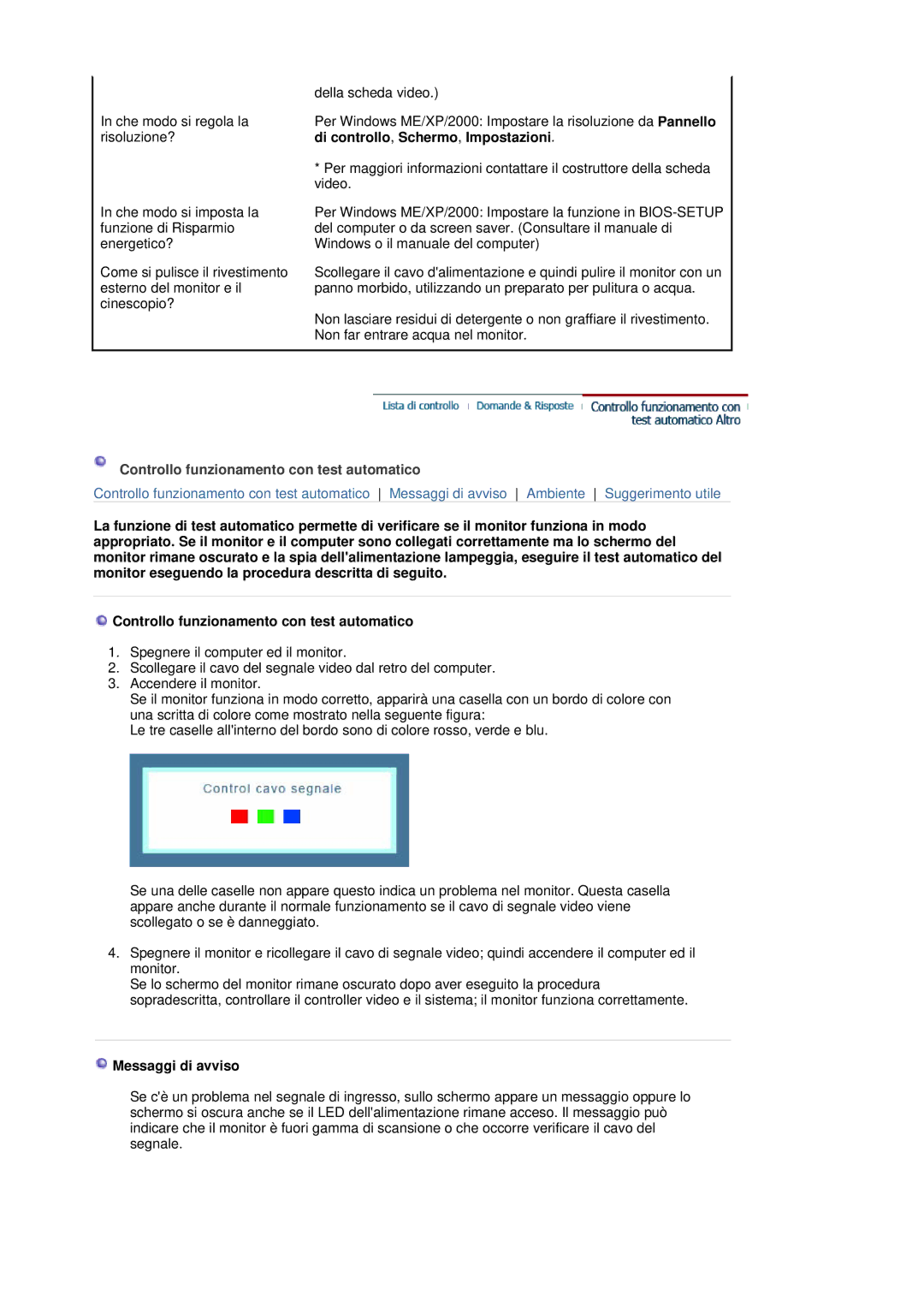 Samsung MJ17CSKS/EDC manual Controllo funzionamento con test automatico, Messaggi di avviso 