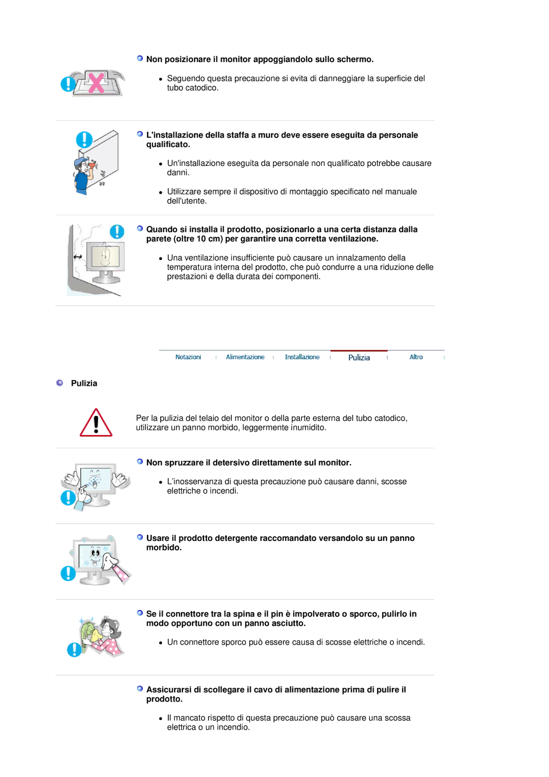 Samsung MJ17CSKS/EDC manual Non posizionare il monitor appoggiandolo sullo schermo, Pulizia 