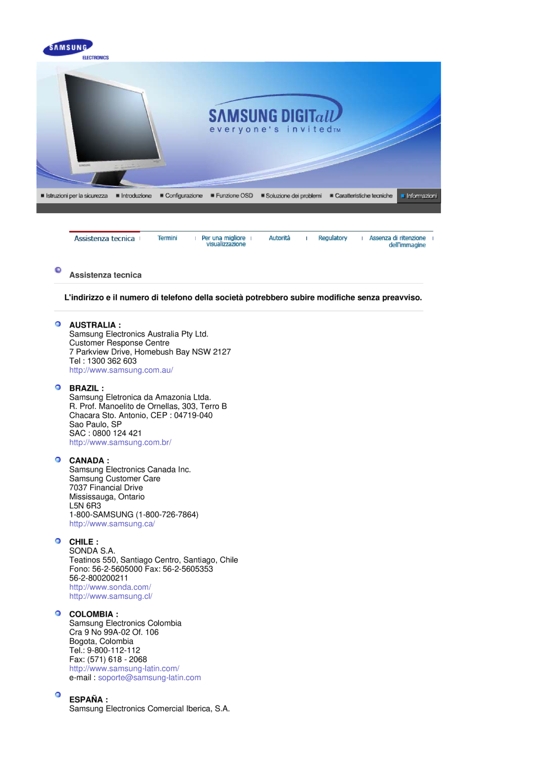 Samsung MJ17CSKS/EDC manual Assistenza tecnica, Australia Brazil 