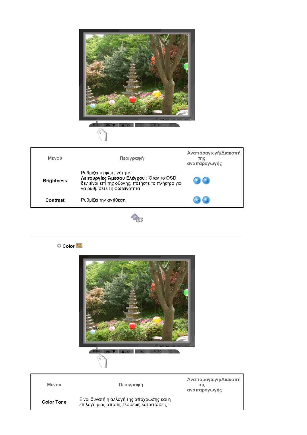 Samsung MJ17CSKS/EDC manual Brightness Contrast, Αναπαραγωγή/∆ιακοπή Περιγραφήτης αναπαραγωγής, Color 