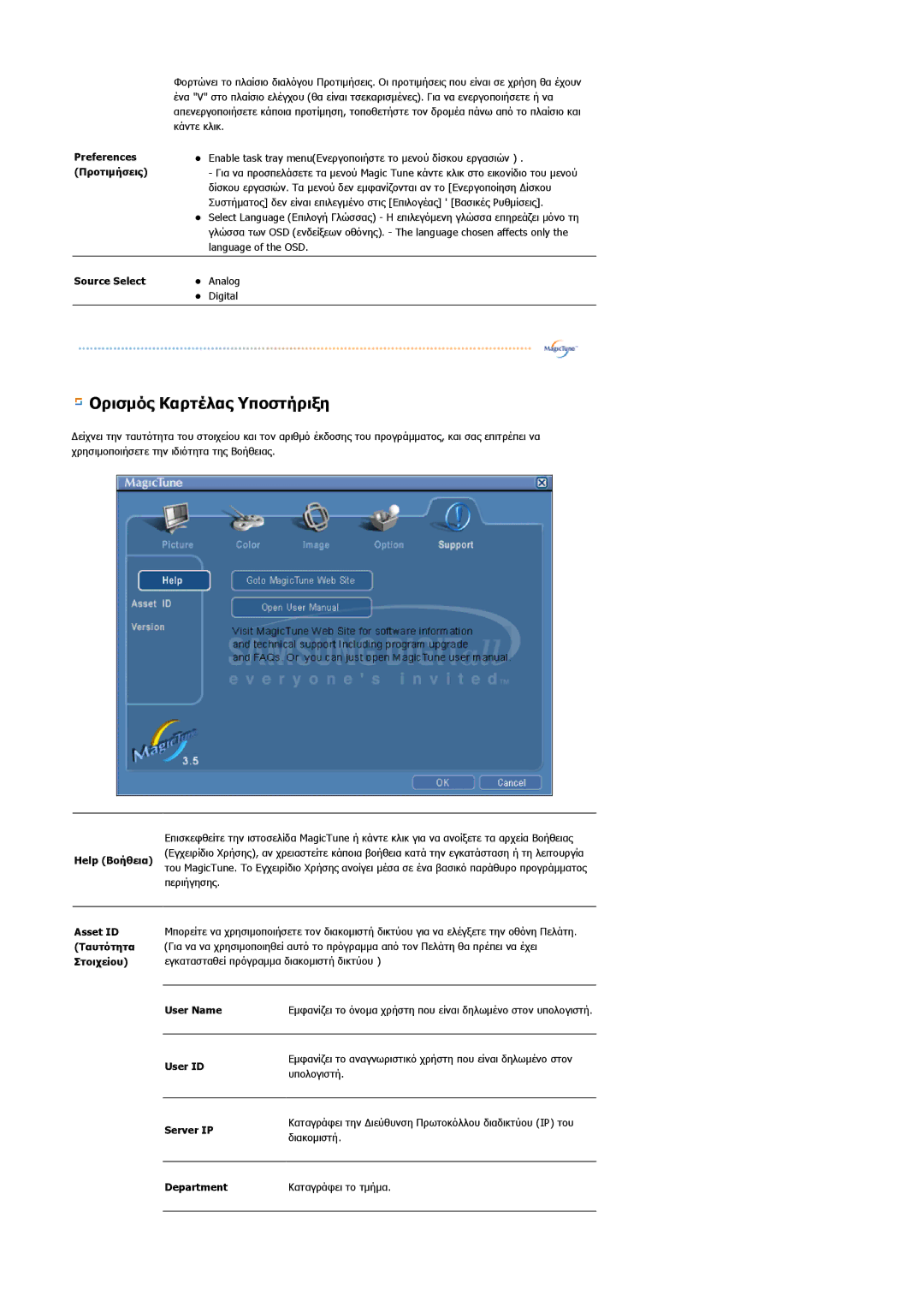 Samsung MJ17CSKS/EDC manual Ορισμός Καρτέλας Υποστήριξη 