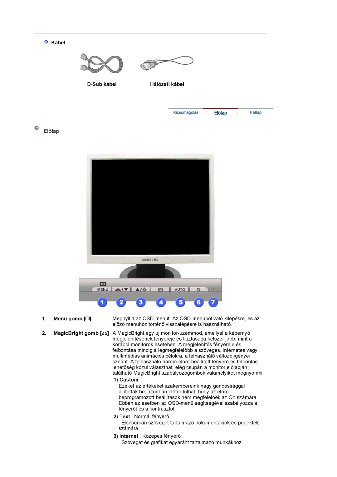 Samsung MJ17CSKS/EDC manual Kábel Sub kábel Hálózati kábel, Előlap, Custom 