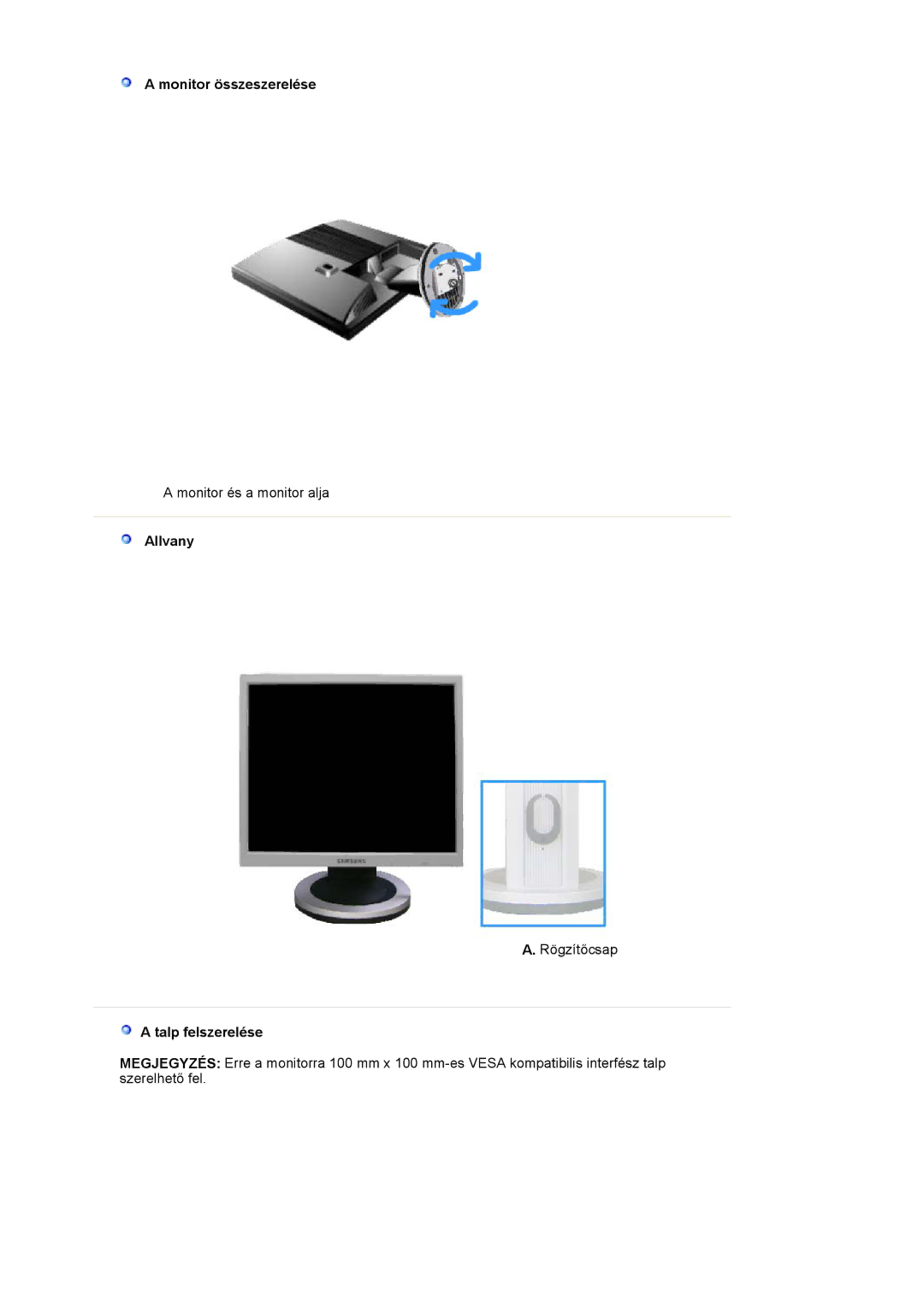 Samsung MJ17CSKS/EDC manual Monitor összeszerelése, Allvany, Talp felszerelése 