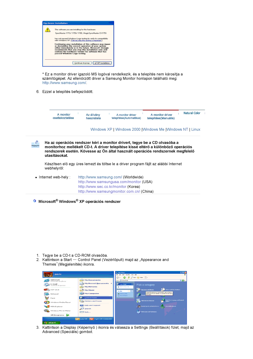 Samsung MJ17CSKS/EDC manual Microsoft Windows XP operációs rendszer 