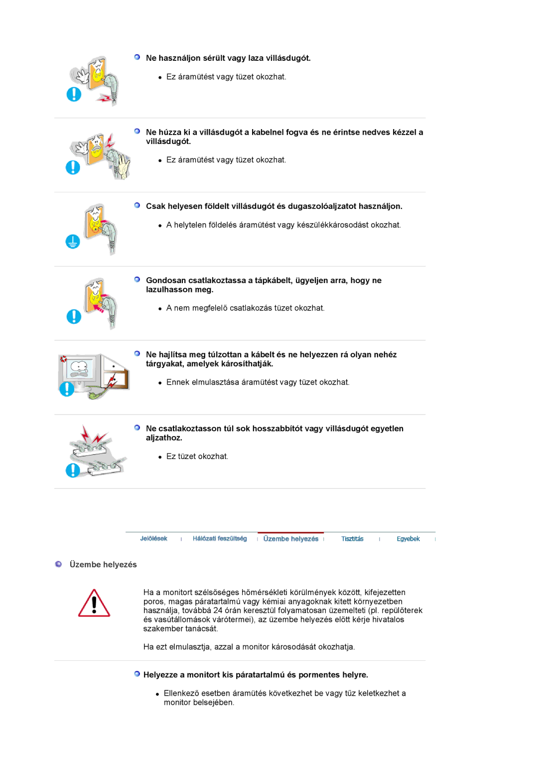 Samsung MJ17CSKS/EDC manual Ne használjon sérült vagy laza villásdugót, Üzembe helyezés 