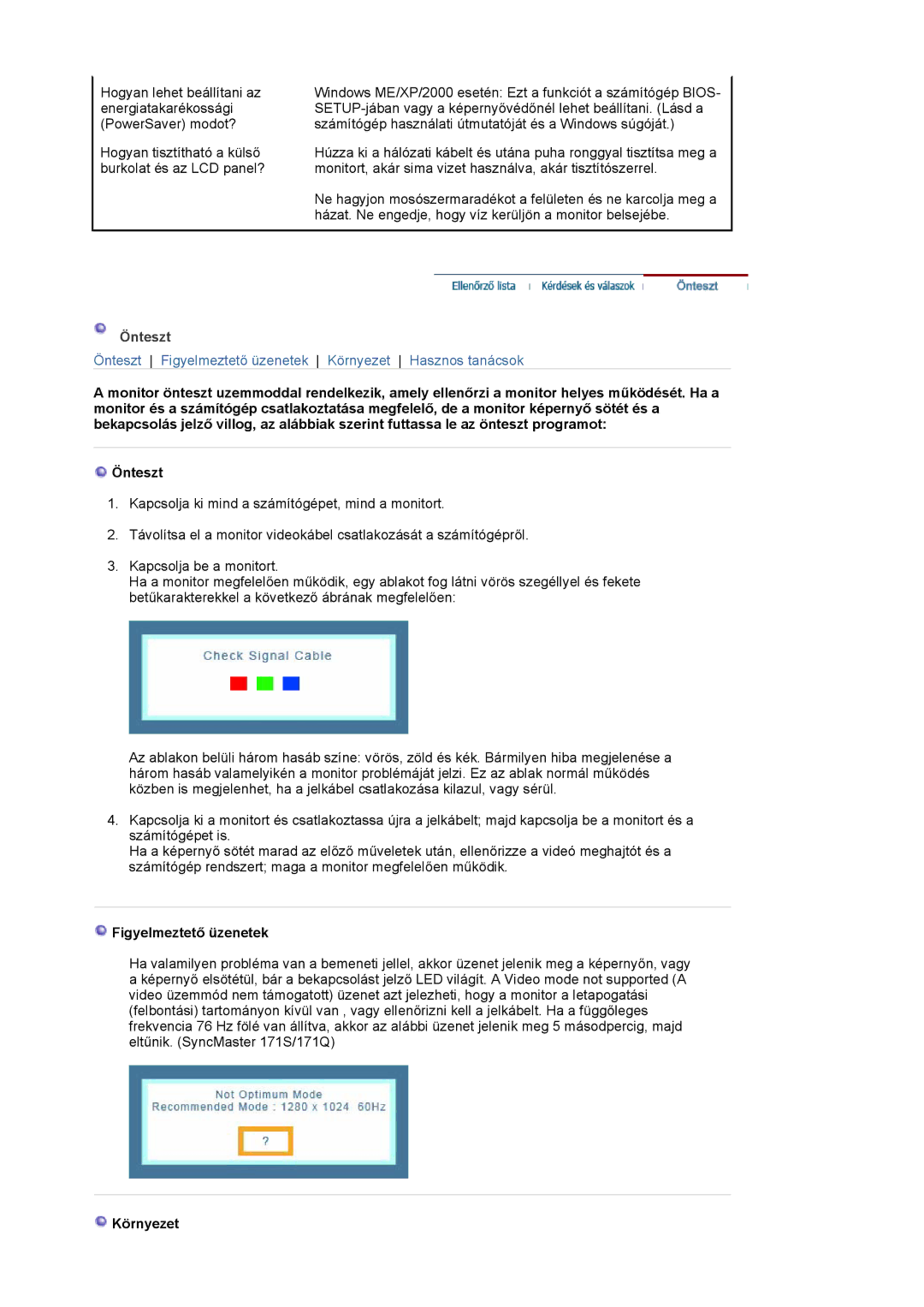 Samsung MJ17CSKS/EDC manual Önteszt, Figyelmeztető üzenetek, Környezet 