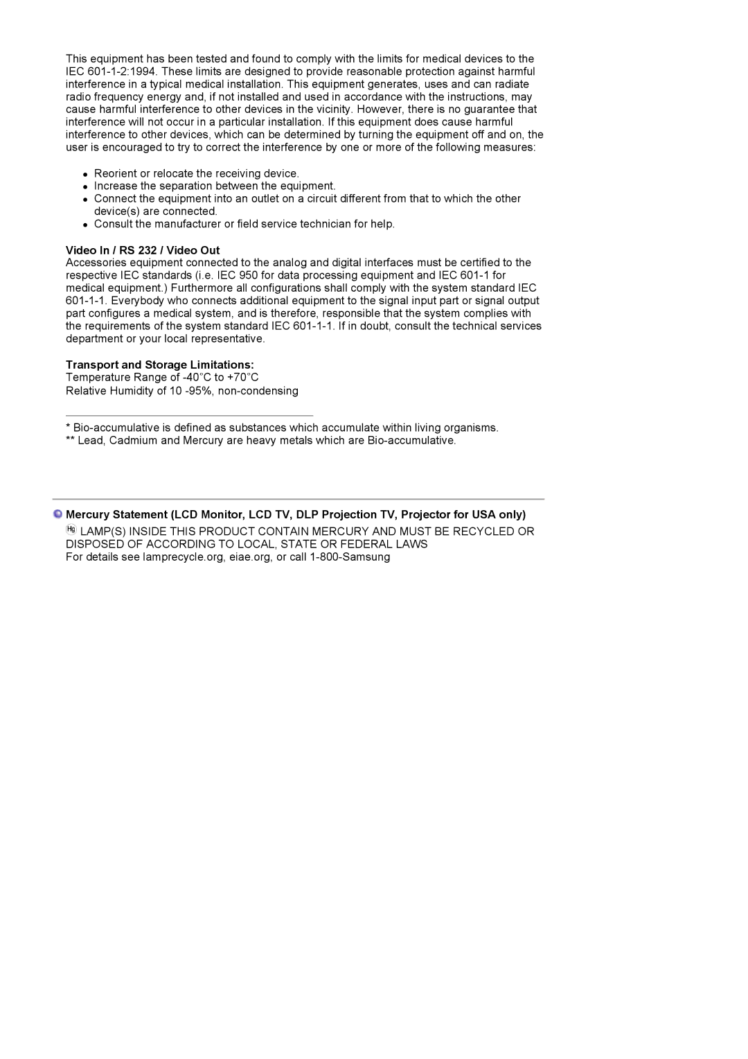 Samsung MJ17CSKS/EDC manual Video In / RS 232 / Video Out, Transport and Storage Limitations 