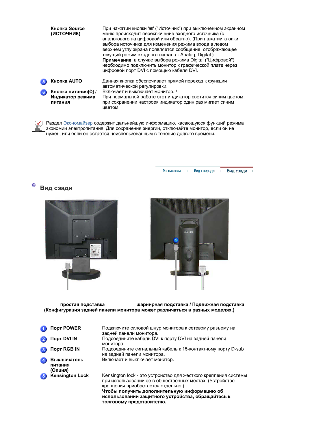 Samsung LS19HAPASQ/EDC Ʉɧɨɩɤɚ Source, ɁɋɌɈɑɇɂɄ, Ʉɧɨɩɤɚ Auto, Ʉɧɨɩɤɚ ɩɢɬɚɧɢɹ, Ɂɧɞɢɤɚɬɨɪ ɪɟɠɢɦɚ, Ɩɢɬɚɧɢɹ, Ɉɨɪɬ DVI, Ɉɨɪɬ RGB 