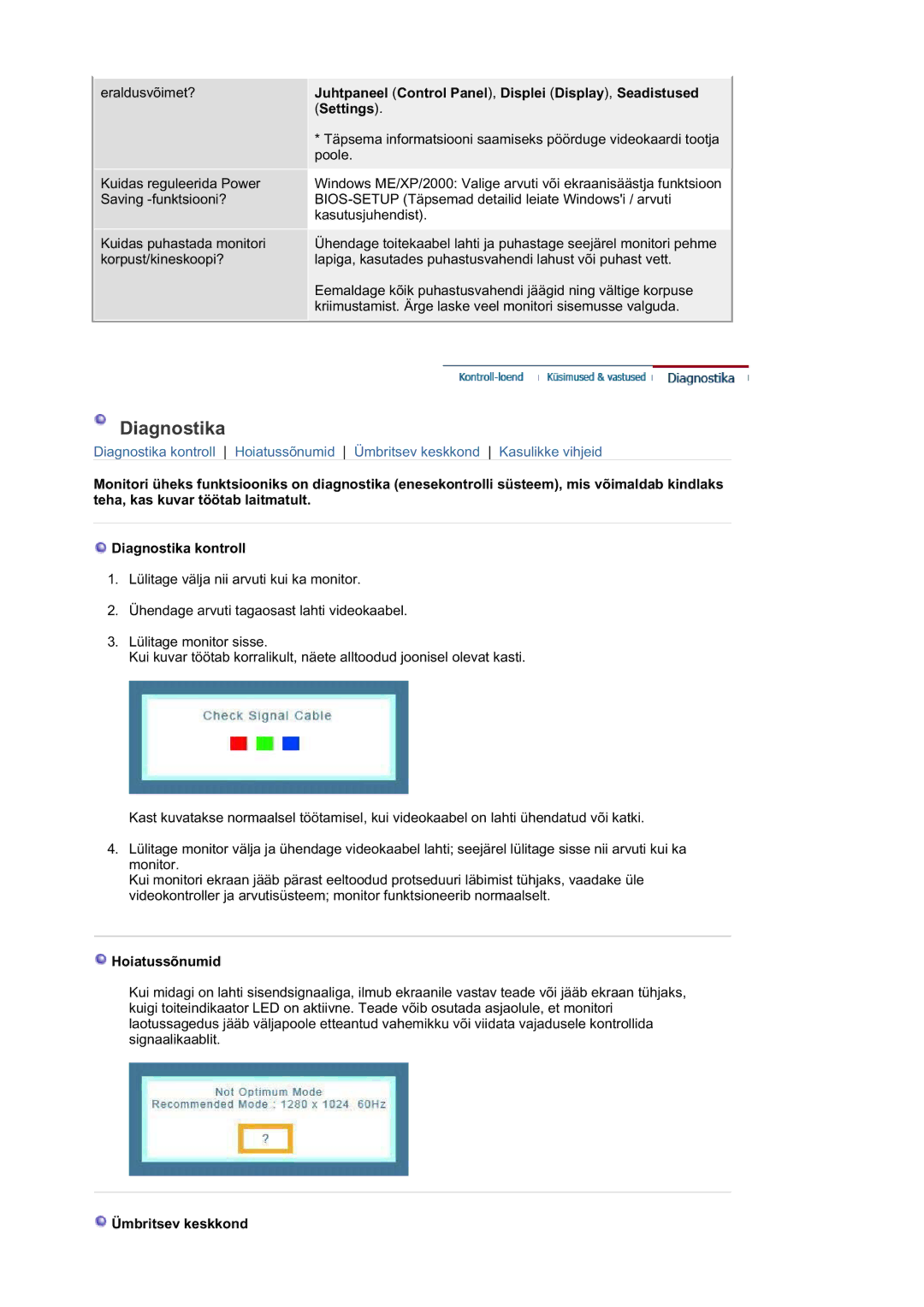 Samsung MJ19BSTBV/EDC, LS19HALKSB/EDC manual Juhtpaneel Control Panel , Displei Display , Seadistused, Ümbritsev keskkond 