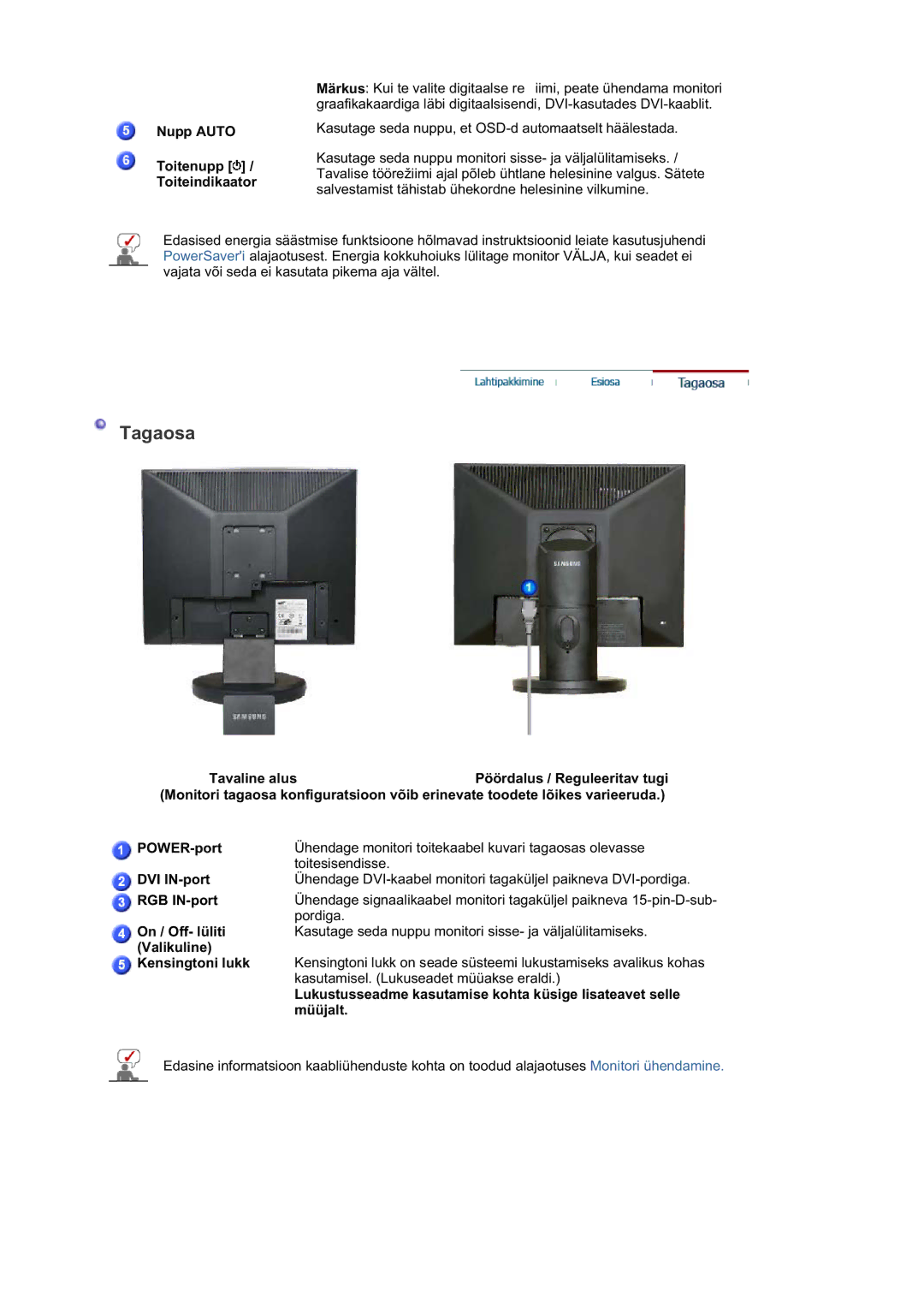 Samsung LS17HABTSQ/EDC Nupp Auto Toitenupp / Toiteindikaator, Kensingtoni lukk, Kasutamisel. Lukuseadet müüakse eraldi 