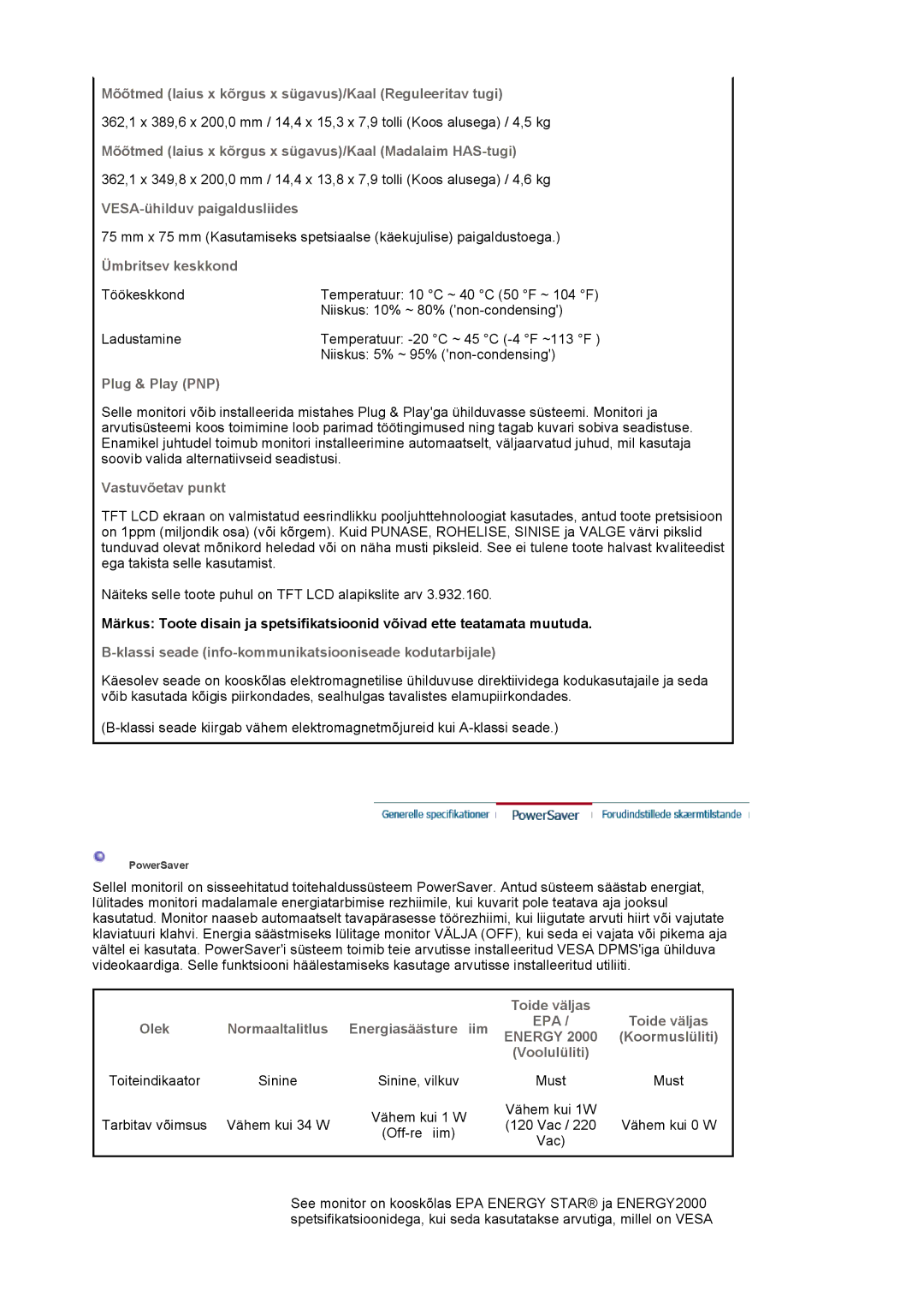 Samsung LS19HAPASQ/EDC, MJ19BSTBV/EDC, LS19HALKSB/EDC manual Tarbitav võimsus Vähem kui 34 W Vähem kui 1 W Vähem kui 1W 