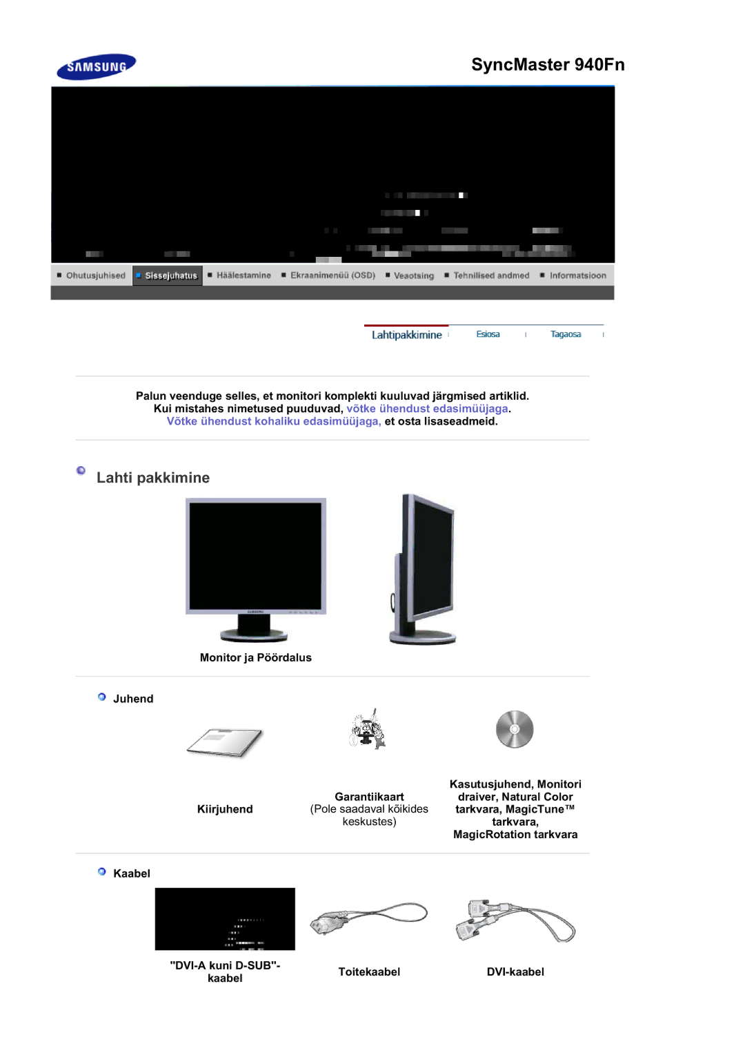 Samsung LS19HATTSQ/EDC, MJ19BSTBV/EDC, LS19HALKSB/EDC manual SyncMaster 940Fn, Kaabel DVI-A kuni D-SUB ToitekaabelDVI-kaabel 