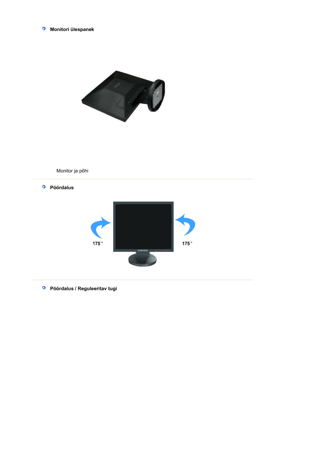 Samsung LS19HAPASQ/EDC, MJ19BSTBV/EDC, LS19HALKSB/EDC manual Monitori ülespanek, Pöördalus Pöördalus / Reguleeritav tugi 