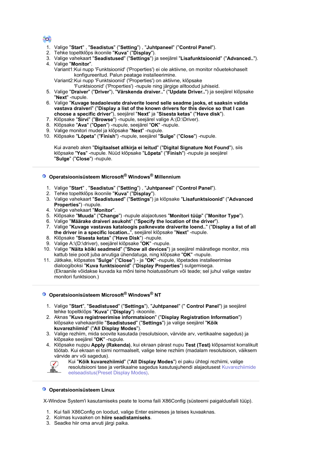 Samsung LS19HATTSQ/EDC manual Valige Start , Seadistus Setting , Juhtpaneel Control Panel, Operatsioonisüsteem Linux 