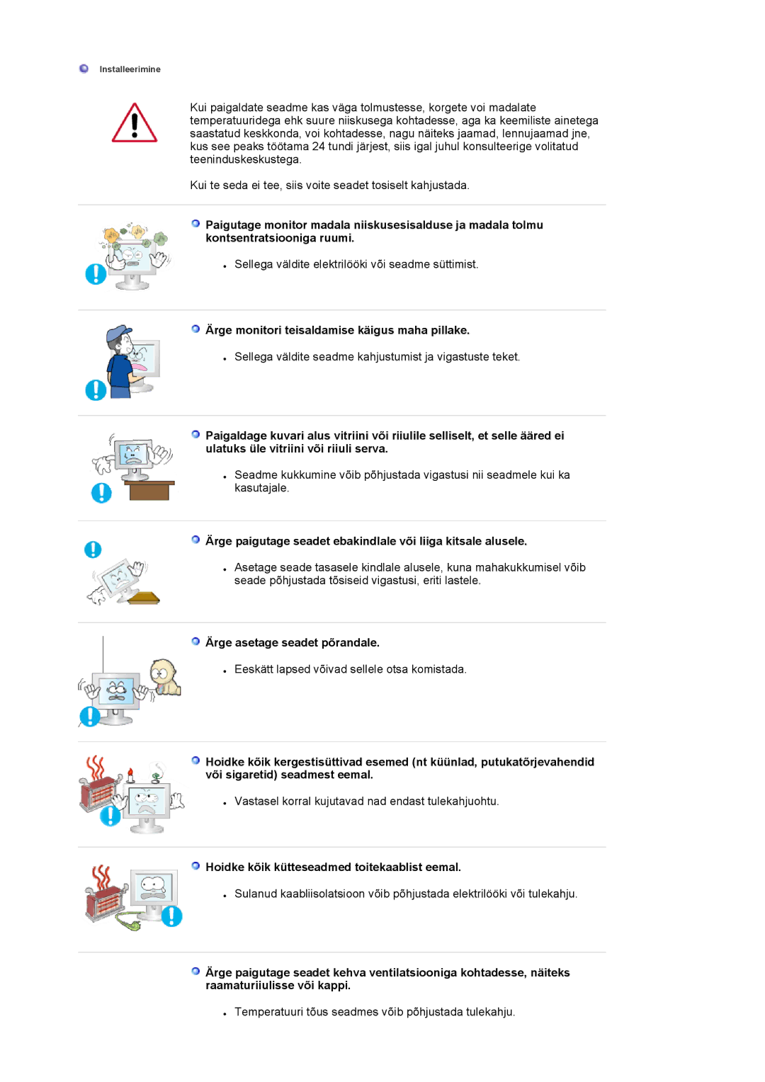 Samsung LS15HAAKS/EDC, MJ19BSTBV/EDC manual Ärge monitori teisaldamise käigus maha pillake, Ärge asetage seadet põrandale 