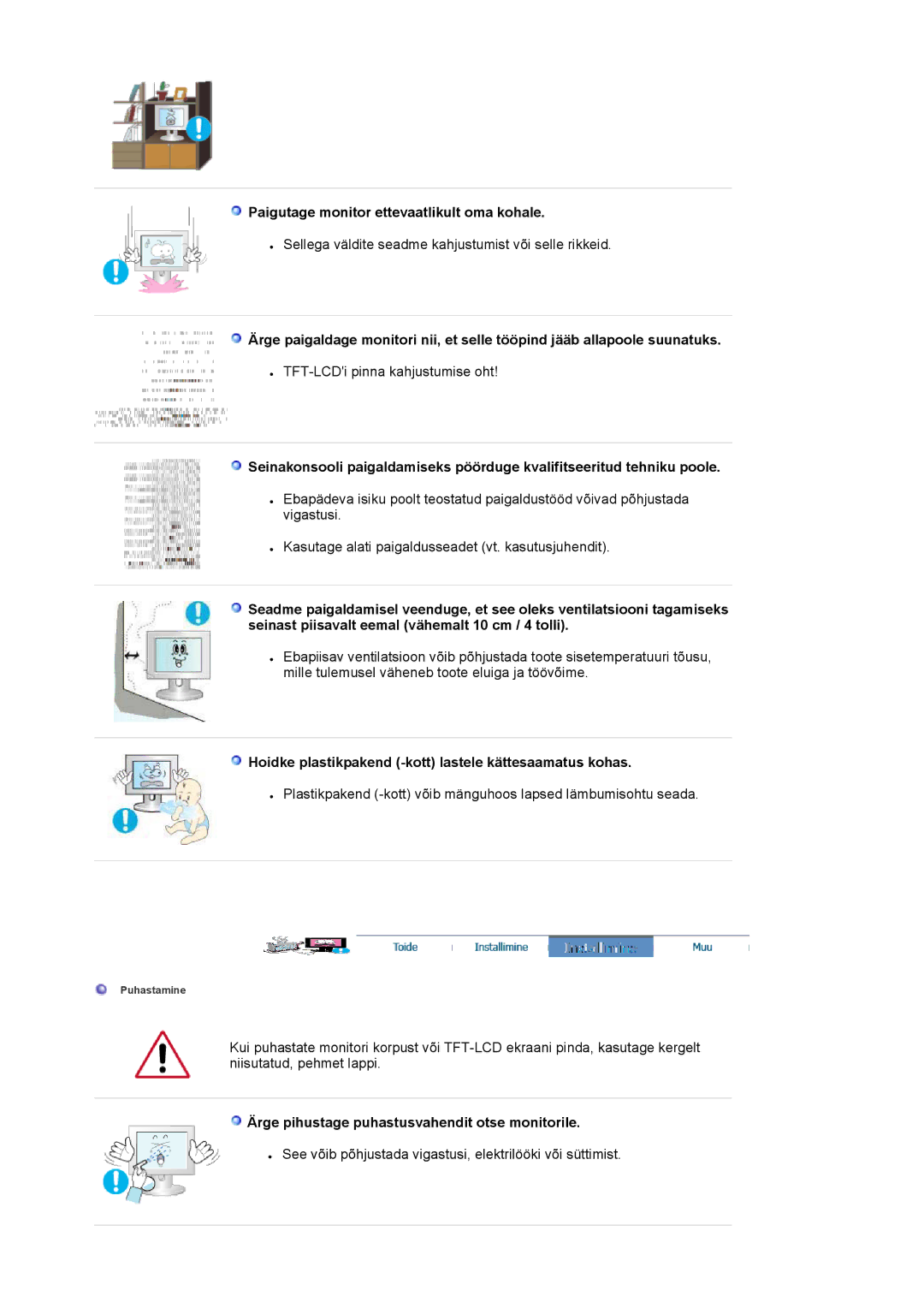 Samsung LS17HAAES/EDC Paigutage monitor ettevaatlikult oma kohale, Hoidke plastikpakend -kott lastele kättesaamatus kohas 