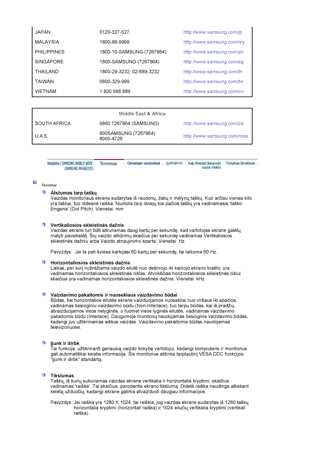 Samsung MJ19BSTSQ/EDC manual Atstumas tarp taškǐ, Vertikaliosios skleistinơs dažnis, Horizontaliosios skleistinơs dažnis 