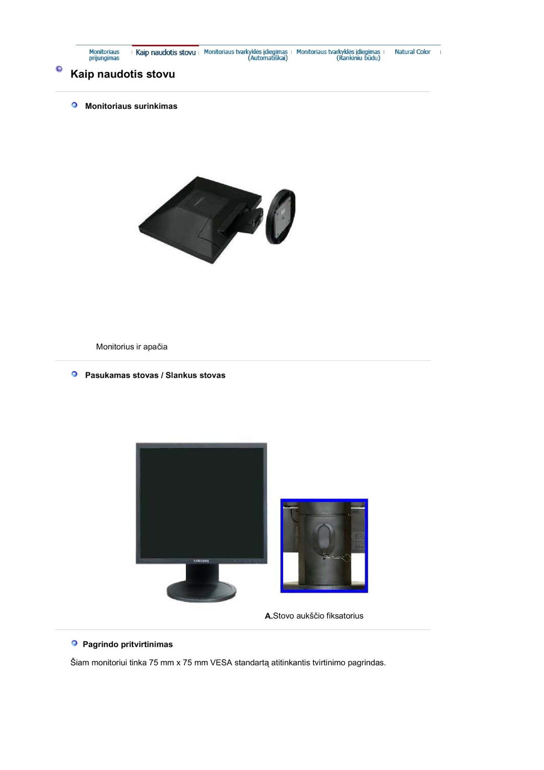 Samsung MJ19BSTSQ/EDC, MJ19BSTBV/EDC Monitoriaus surinkimas, Pasukamas stovas / Slankus stovas, Pagrindo pritvirtinimas 