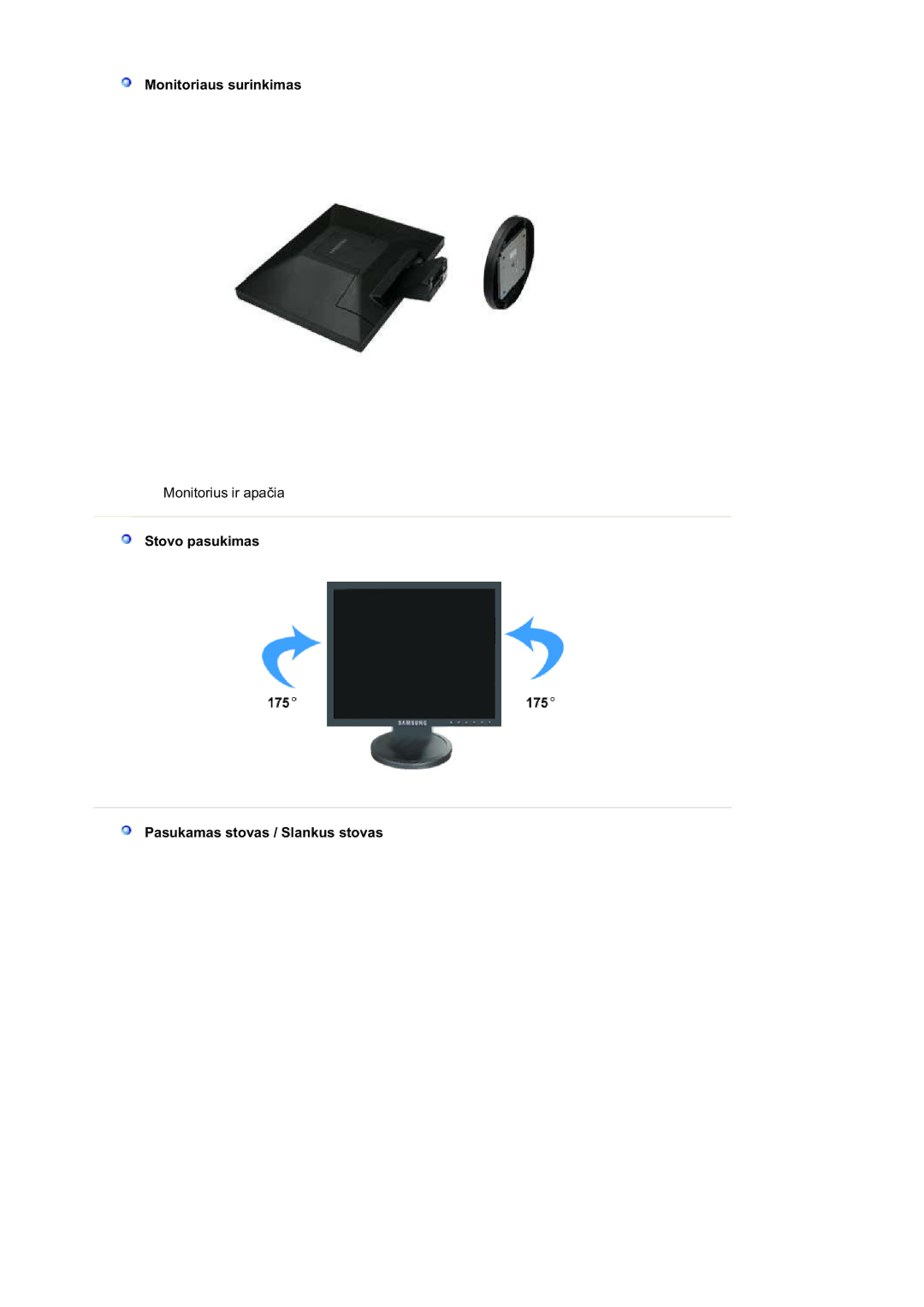 Samsung LS19HAPAS7/EDC, MJ19BSTBV/EDC manual Monitoriaus surinkimas, Stovo pasukimas Pasukamas stovas / Slankus stovas 