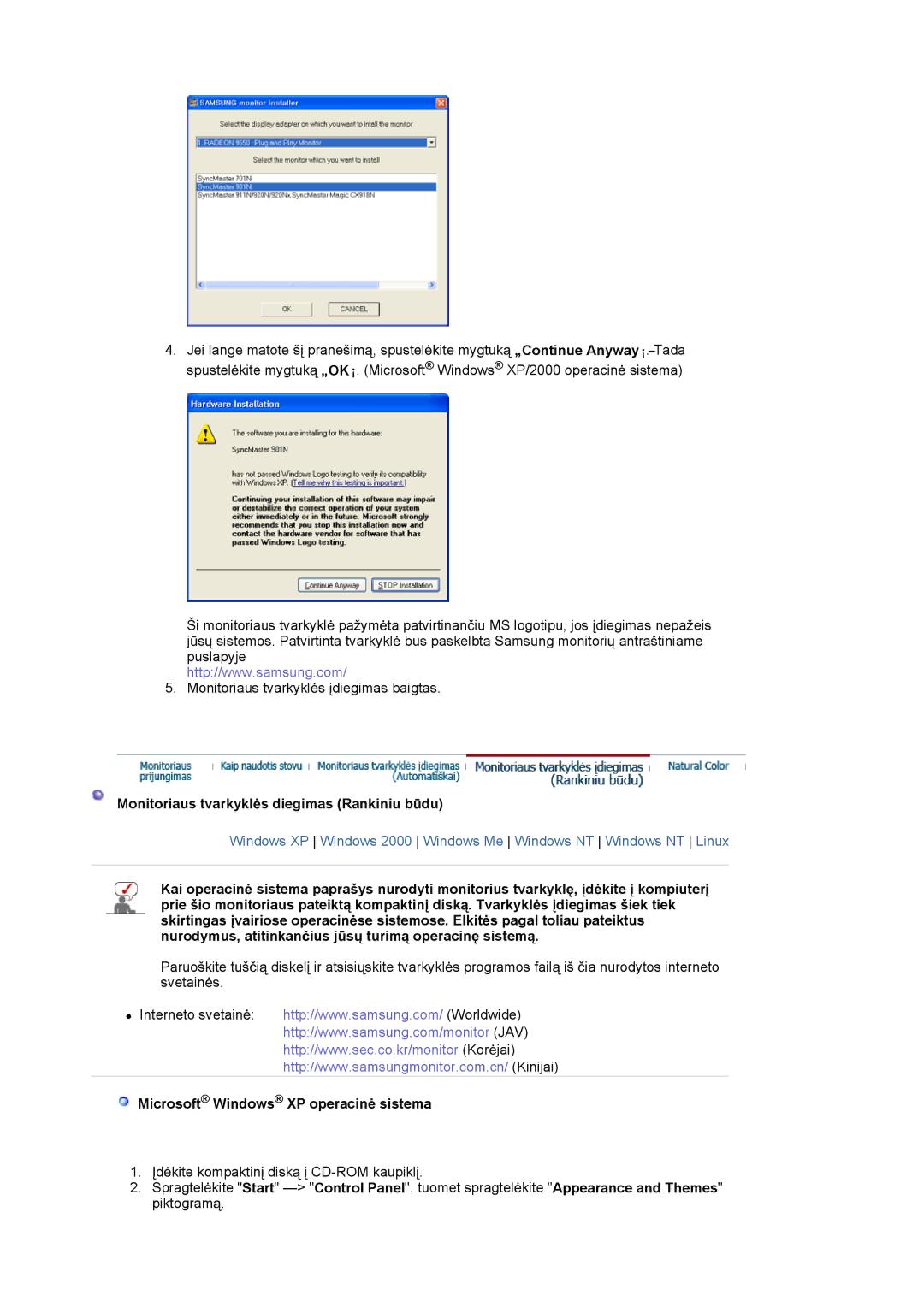 Samsung LS19HAAKSB/EDC manual Monitoriaus tvarkyklơs diegimas Rankiniu bǌdu, Microsoft Windows XP operacinơ sistema 